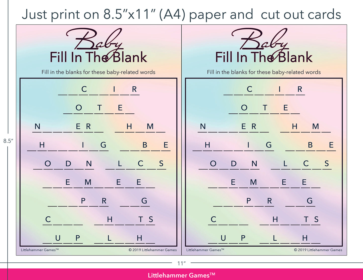 Baby Fill in the Blank hologram game cards with printing instructions