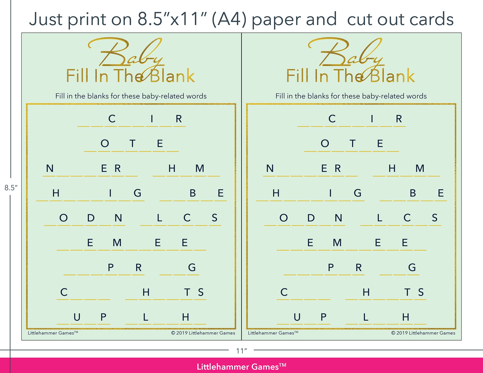Baby Fill in the Blank mint and gold game cards with printing instructions