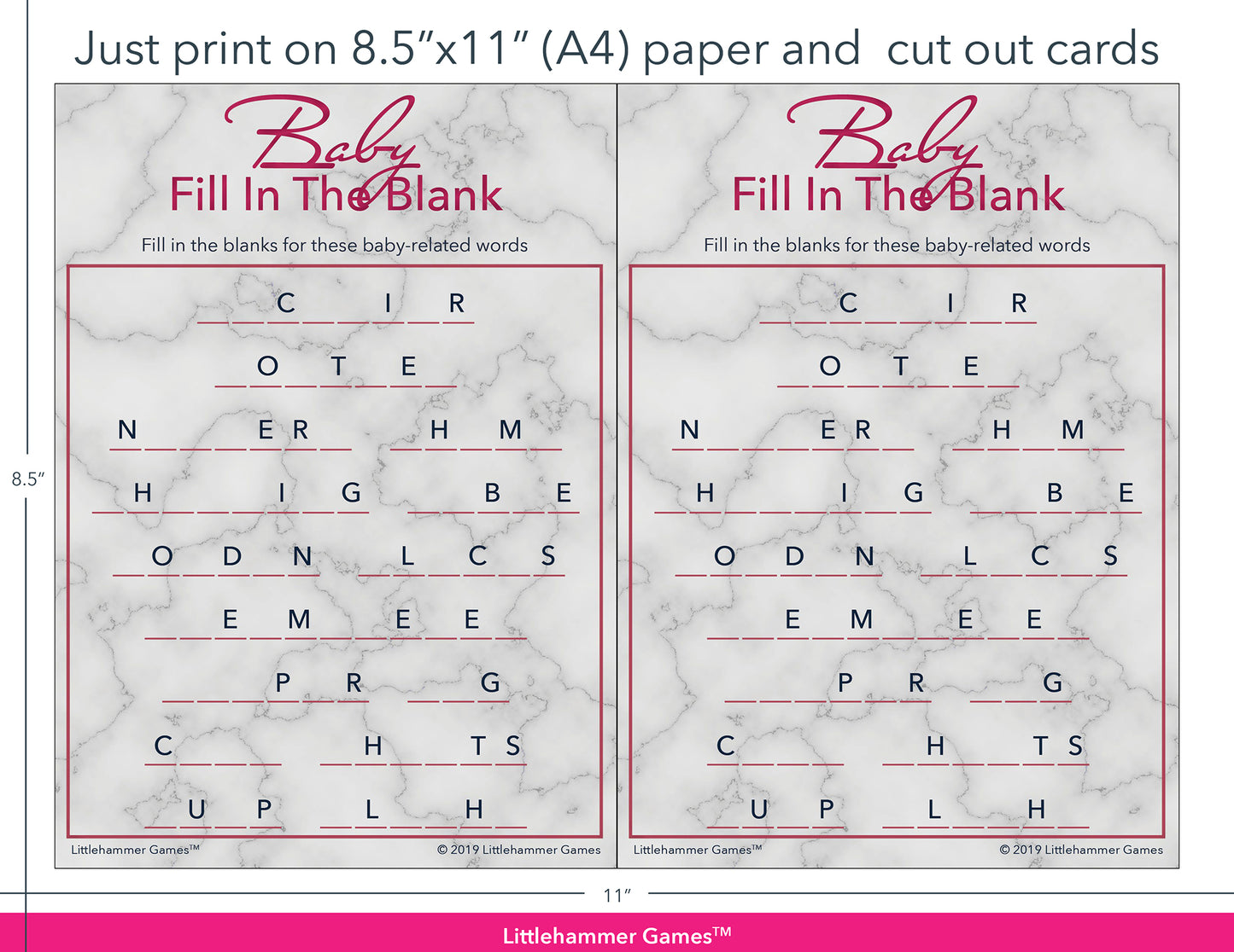 Baby Fill in the Blank rose gold marble game cards with printing instructions
