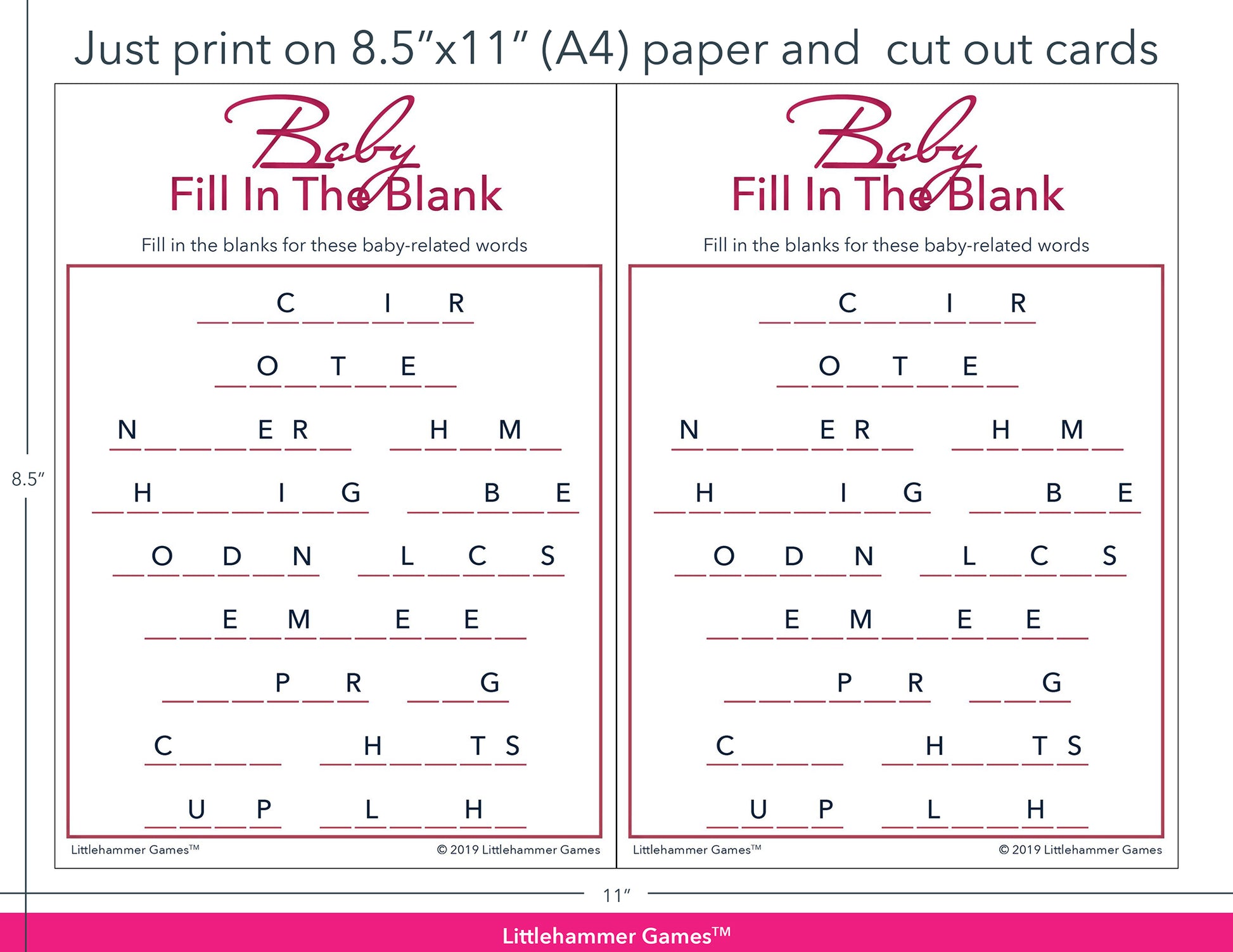 Baby Fill in the Blank rose gold game cards with printing instructions