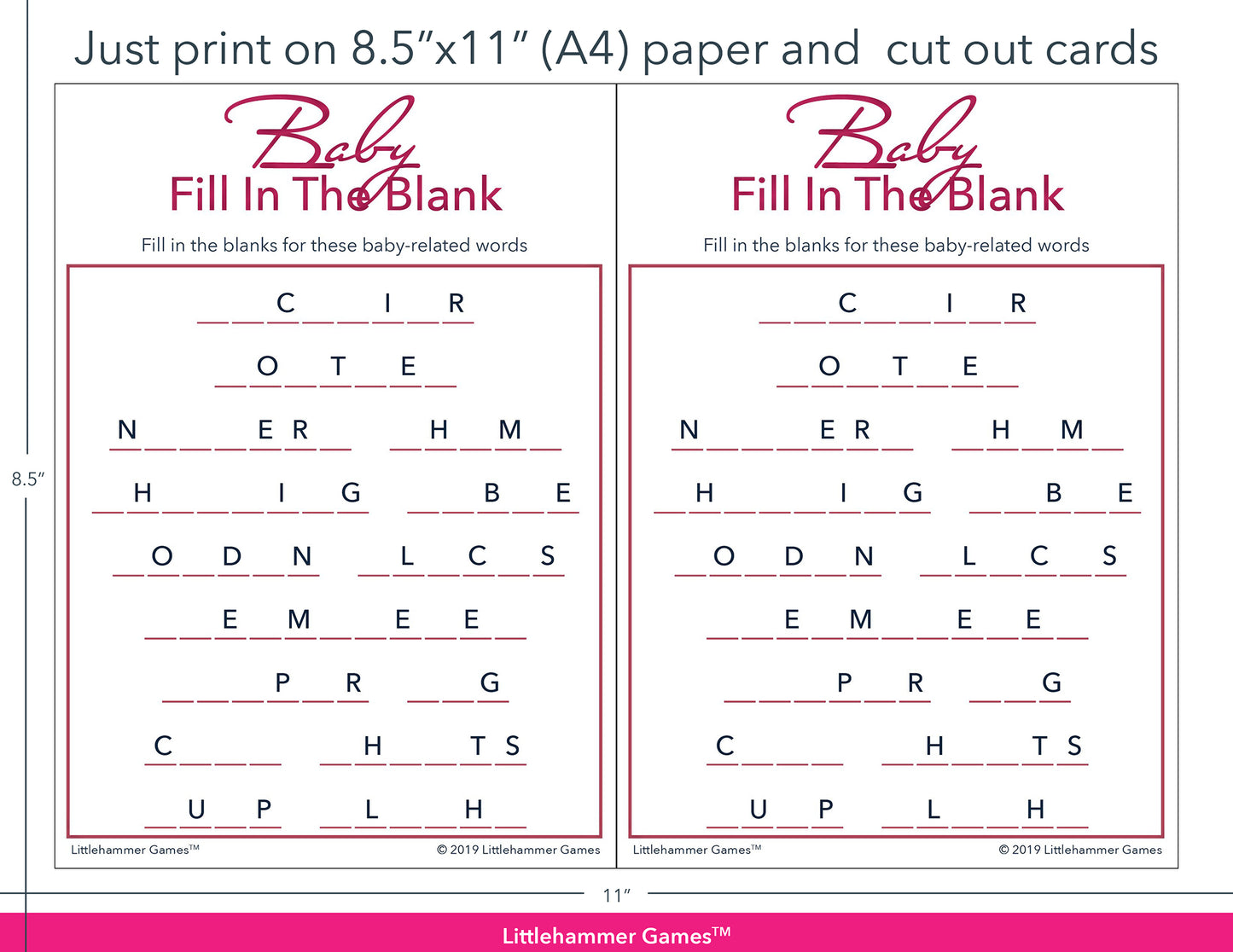Baby Fill in the Blank rose gold game cards with printing instructions