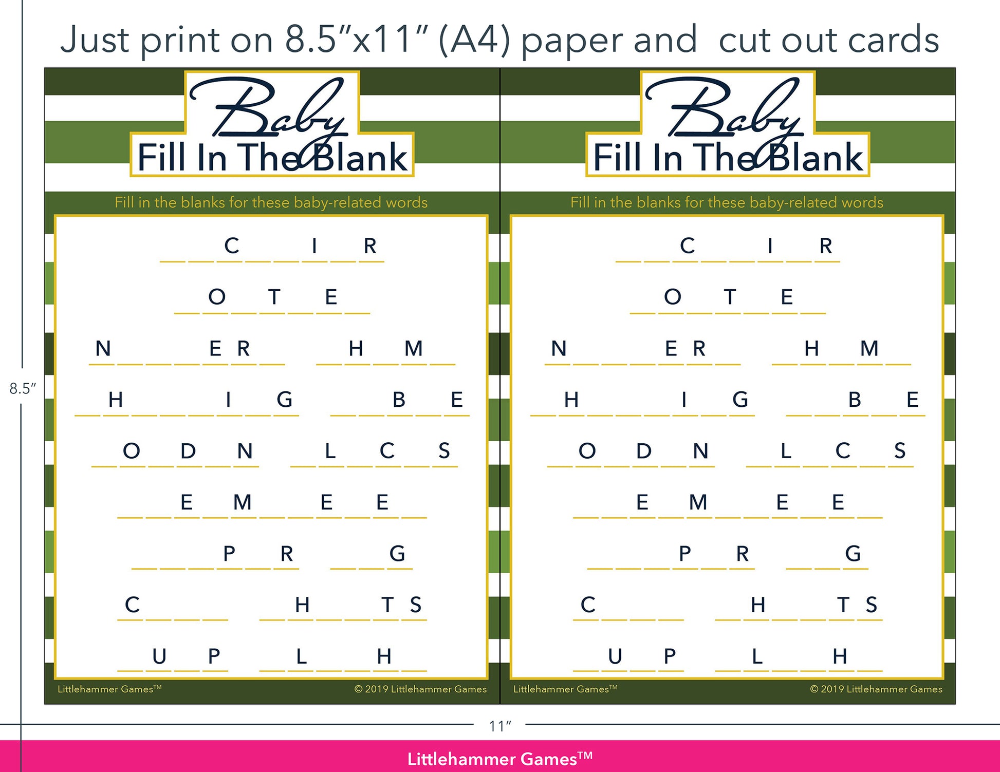 Baby Fill in the Blank green striped game cards with printing instructions
