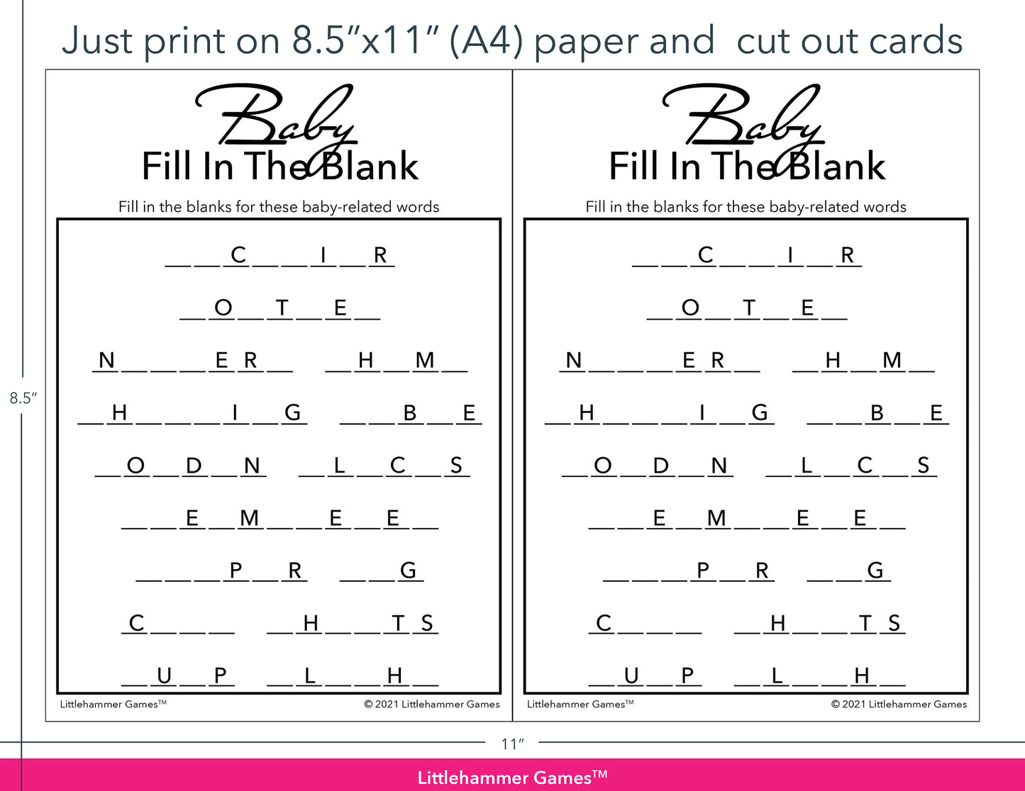 Baby Fill in the Blank minimalist black and white game cards with printing instructions