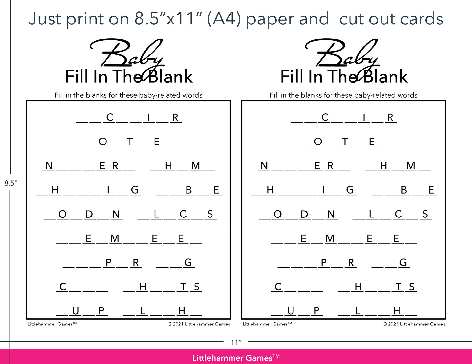 Baby Fill in the Blank minimalist black and white game cards with printing instructions