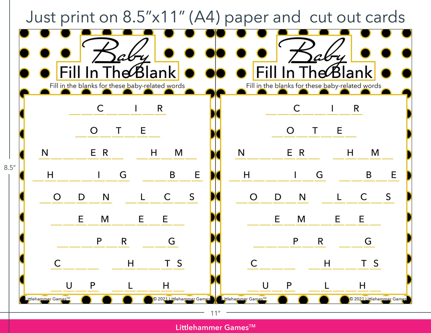 Baby Fill in the Blank black and gold polka dot game cards with printing instructions