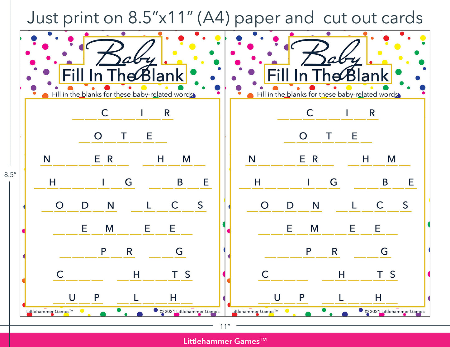 Baby Fill in the Blank rainbow polka dot game cards with printing instructions