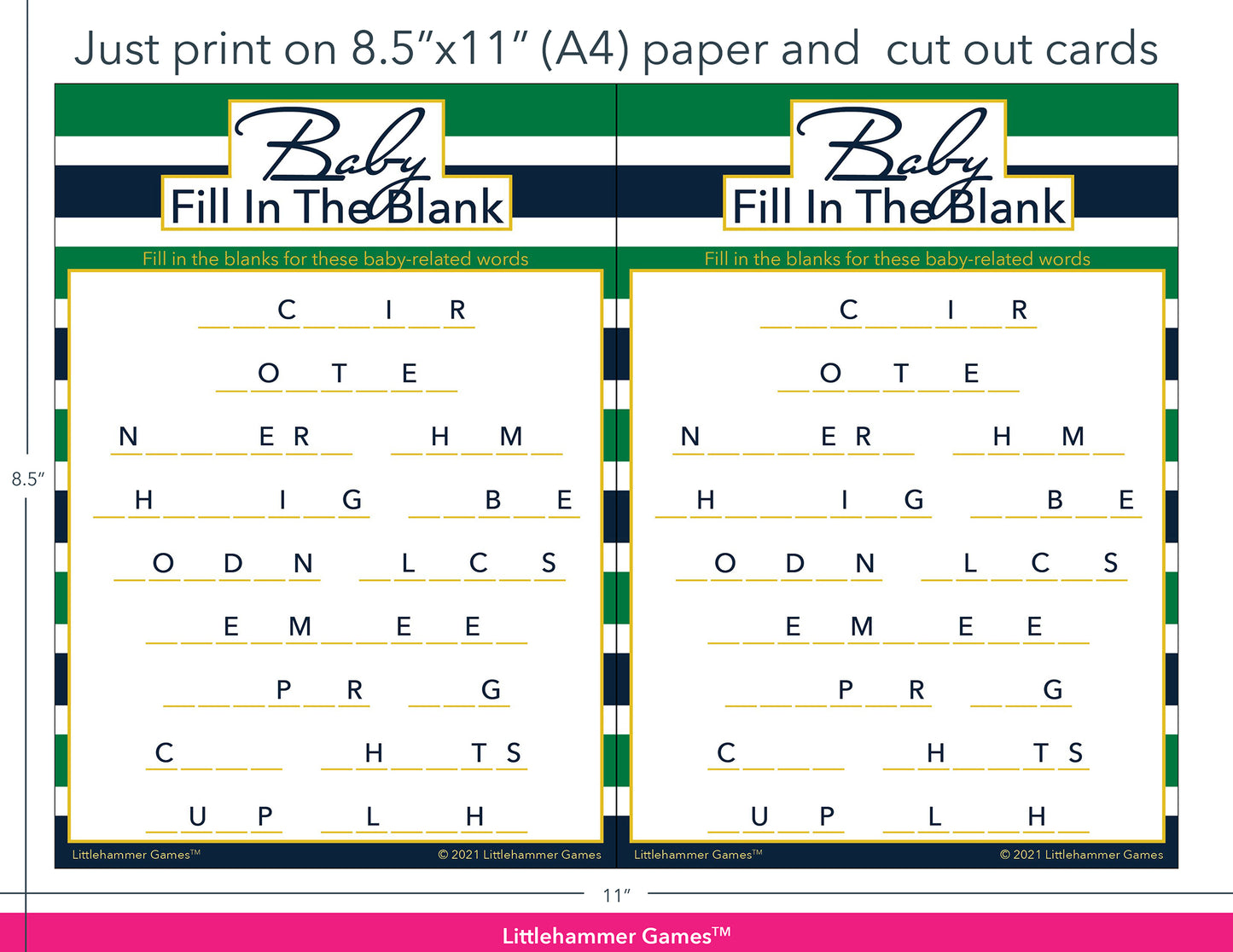 Baby Fill in the Blank green and navy-striped game cards with printing instructions