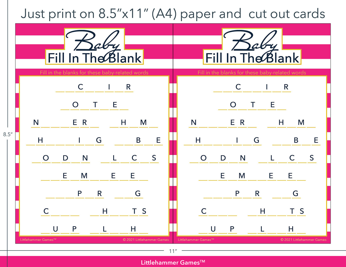 Baby Fill in the Blank hot pink-striped game cards with printing instructions