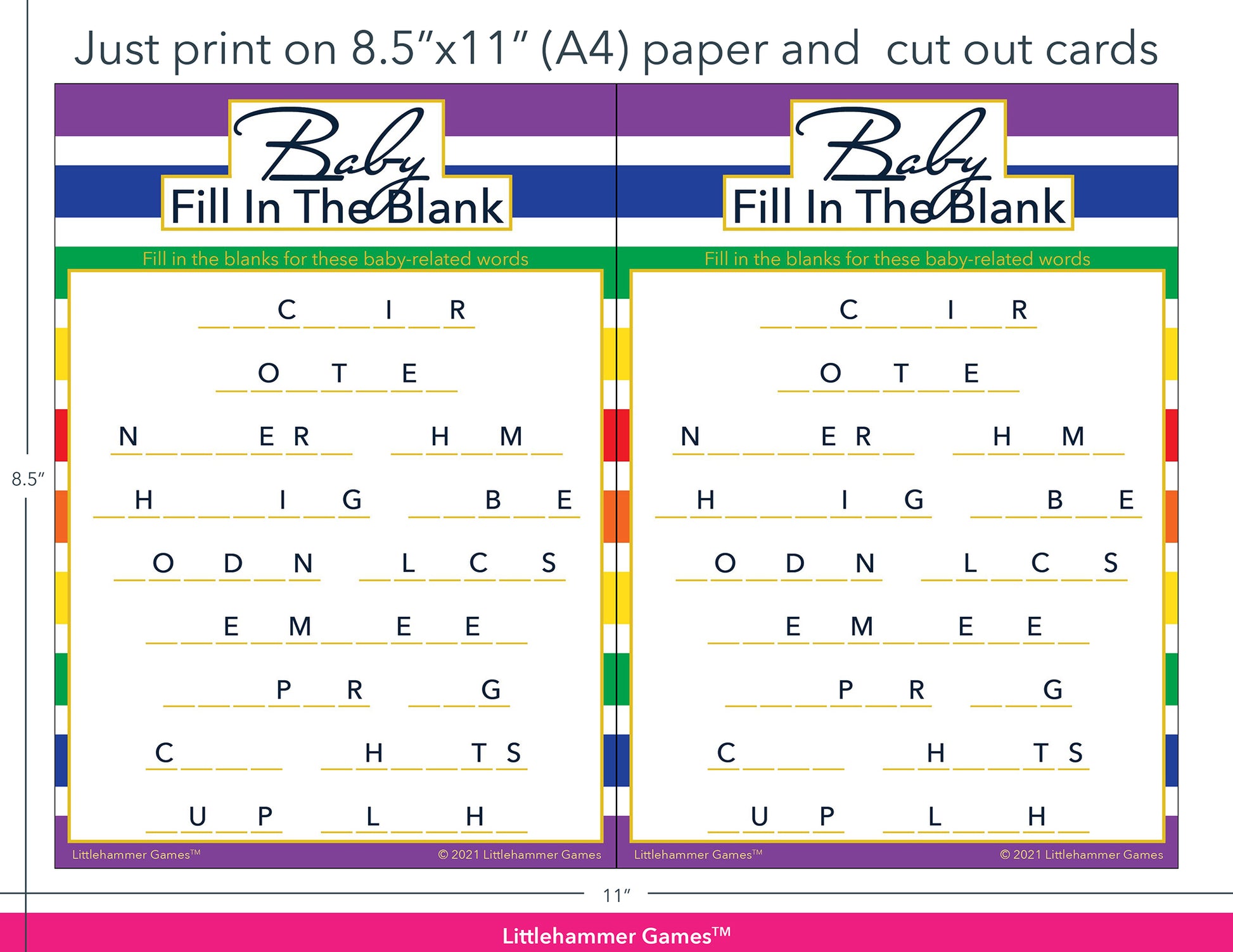 Baby Fill in the Blank rainbow-striped game cards with printing instructions