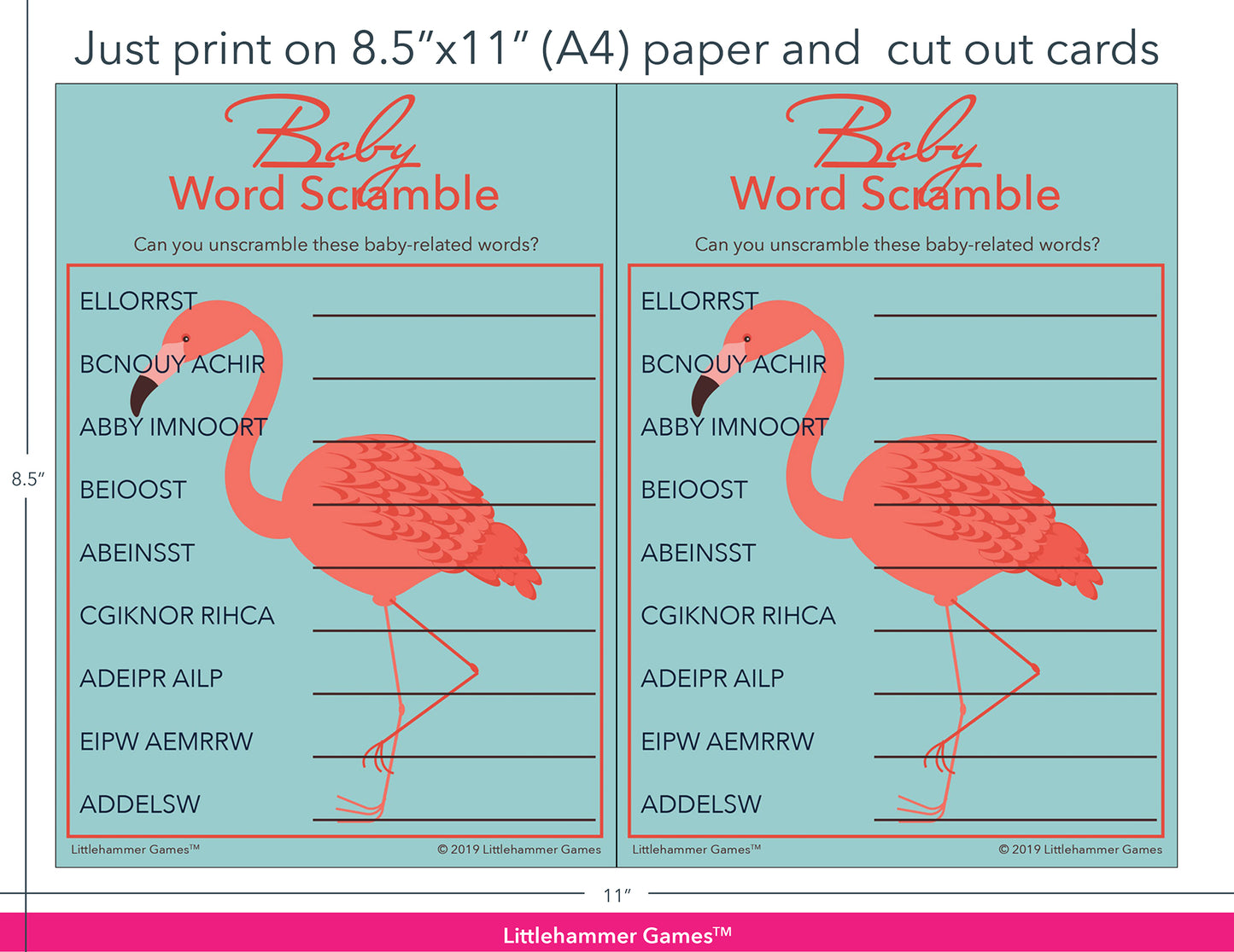 Baby Word Scramble flamingo game cards with printing instructions