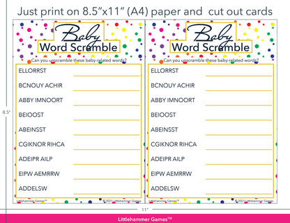 Baby Word Scramble rainbow polka dot game cards with printing instructions