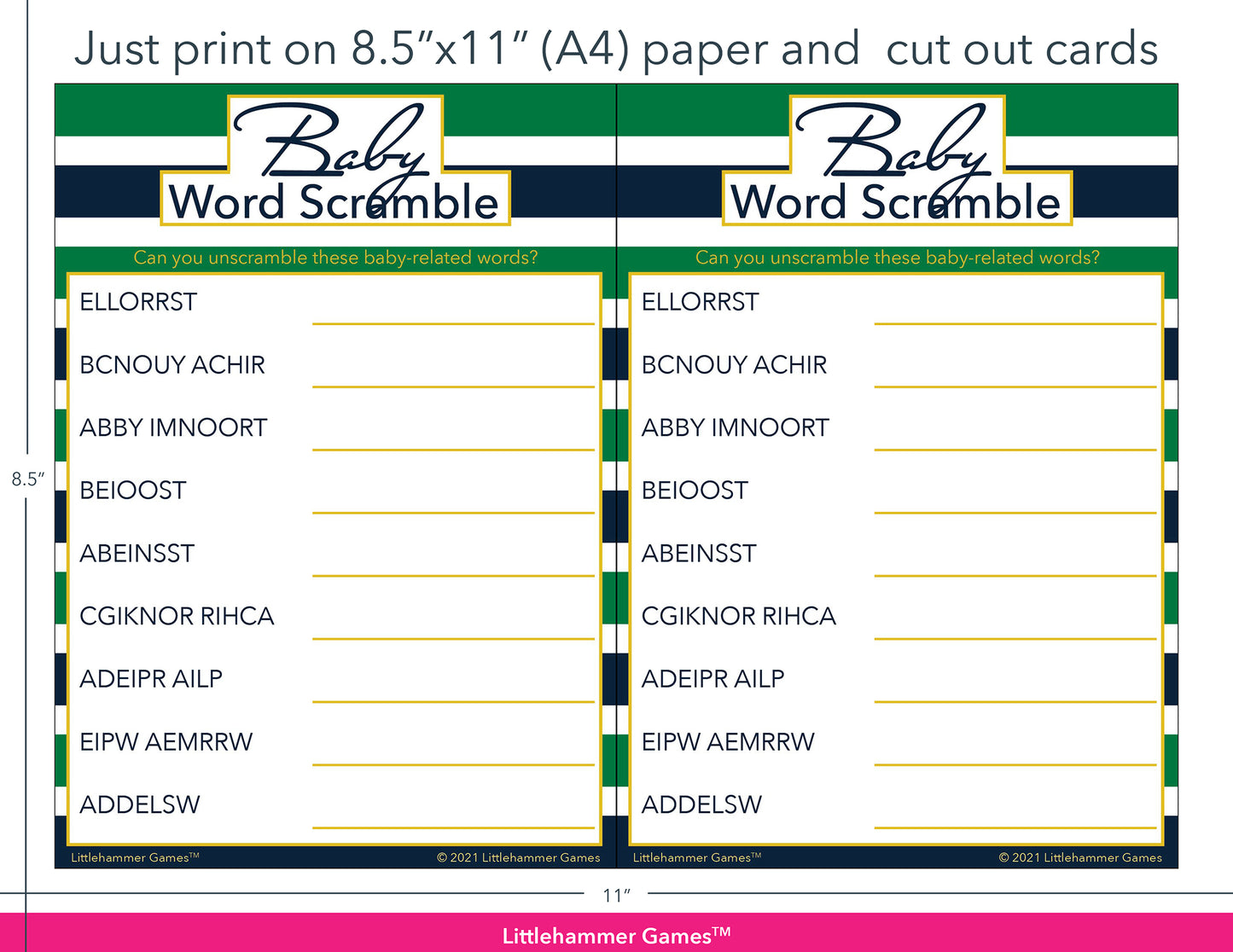 Baby Word Scramble green and navy-striped game cards with printing instructions