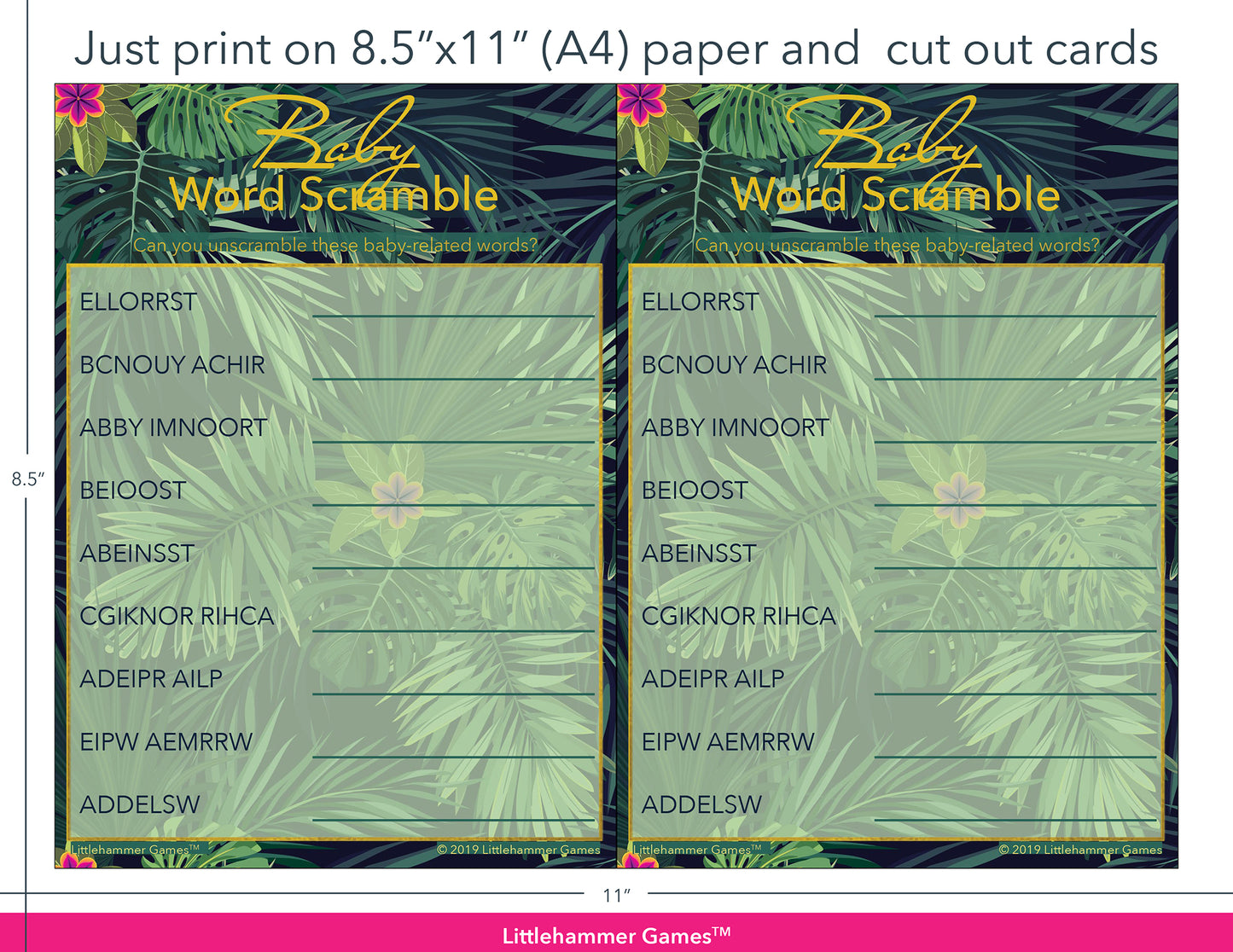 Baby Word Scramble tropical game cards with printing instructions
