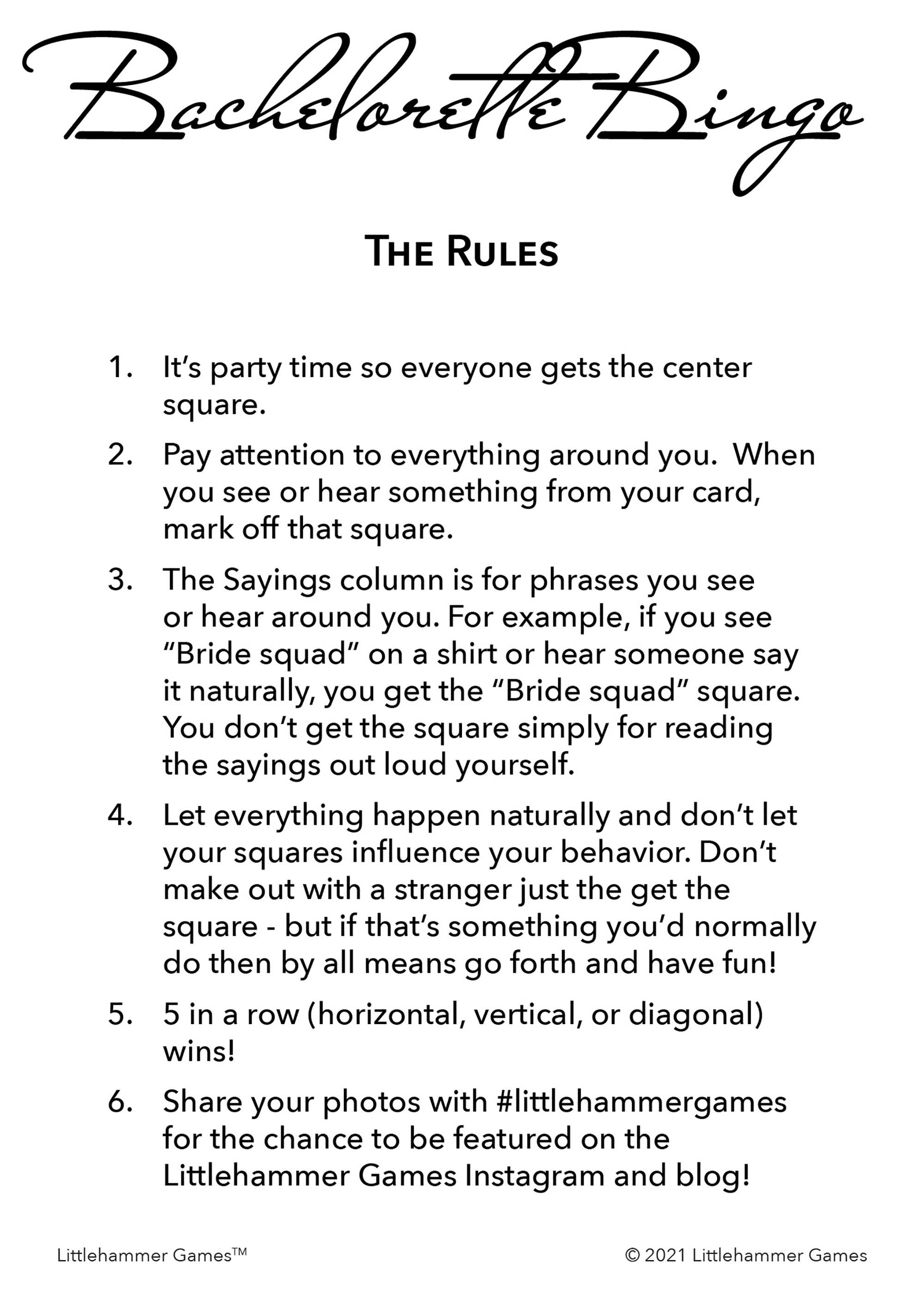 Bachelorette Bingo rules card with black text on a white background