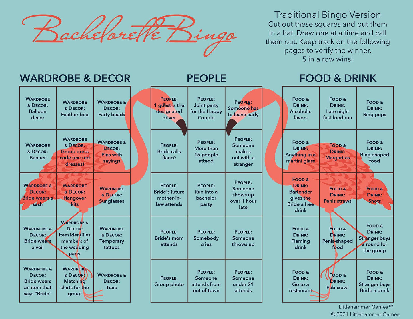 Bachelorette Bingo calling card with a bright flamingo on a blue background