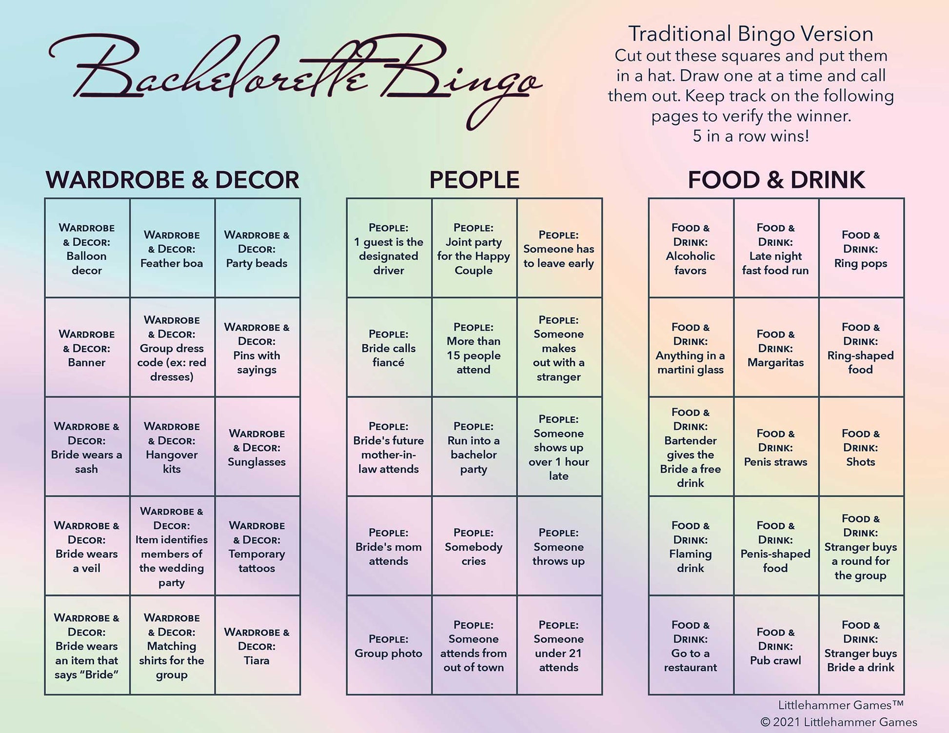 Bachelorette Bingo calling card with a holographic-themed background