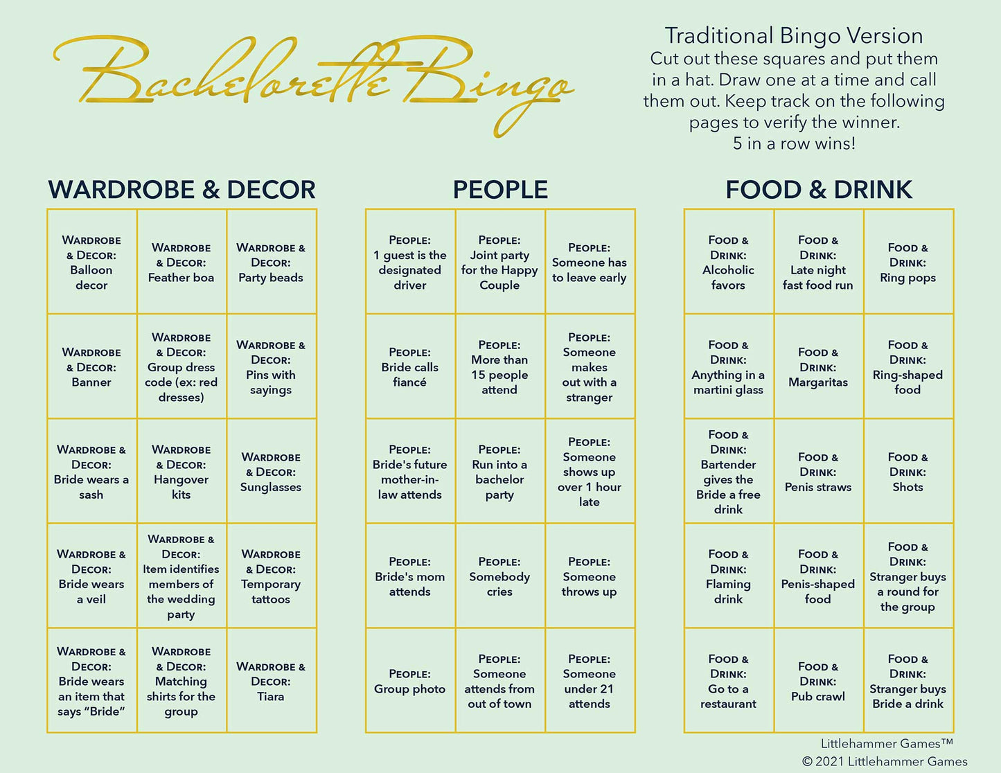 Bachelorette Bingo calling card with gold text on a mint background