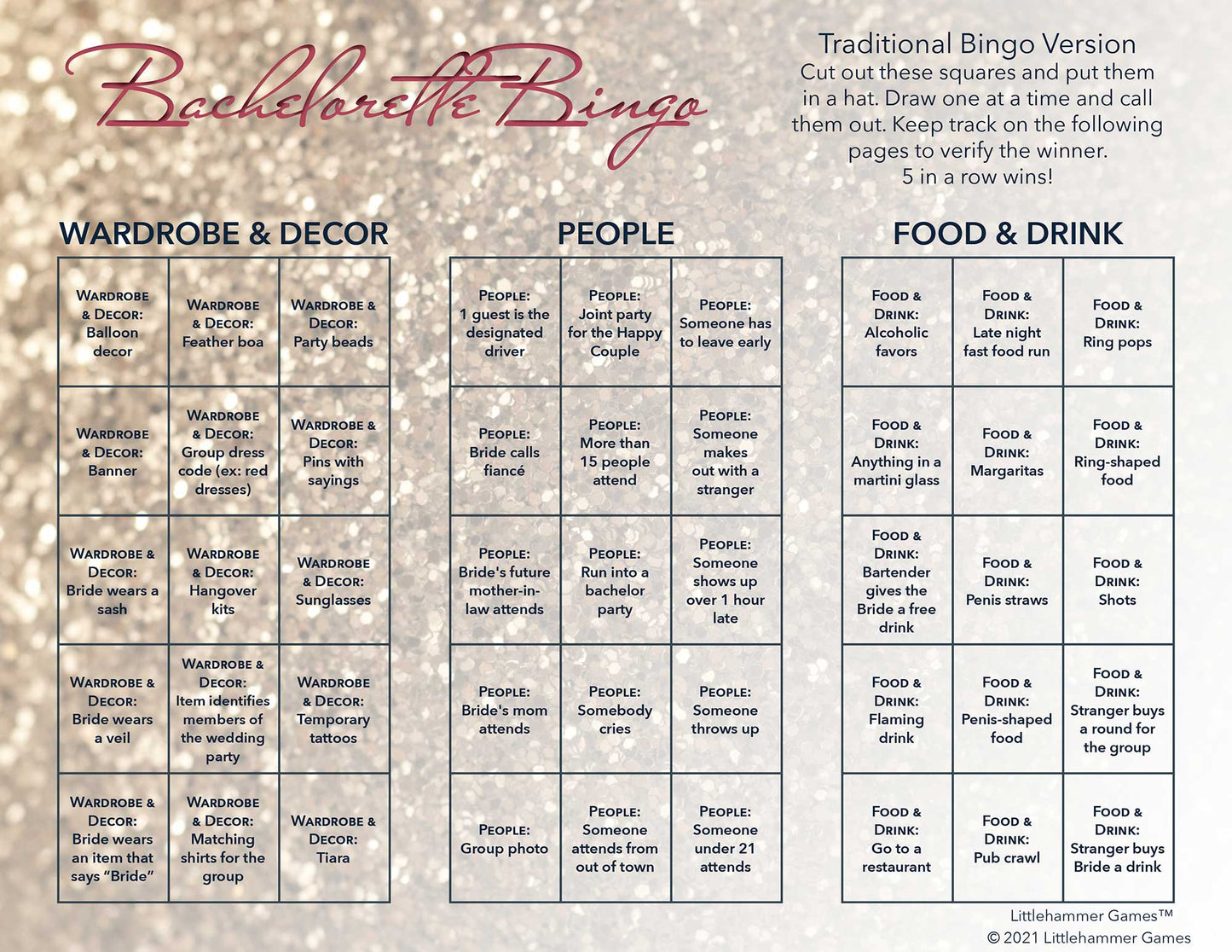 Bachelorette Bingo calling card with a glittery rose gold background