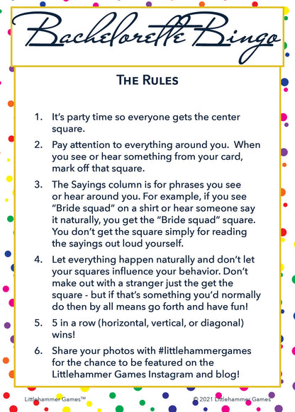 Bachelorette Bingo rules card with a rainbow polka dot background