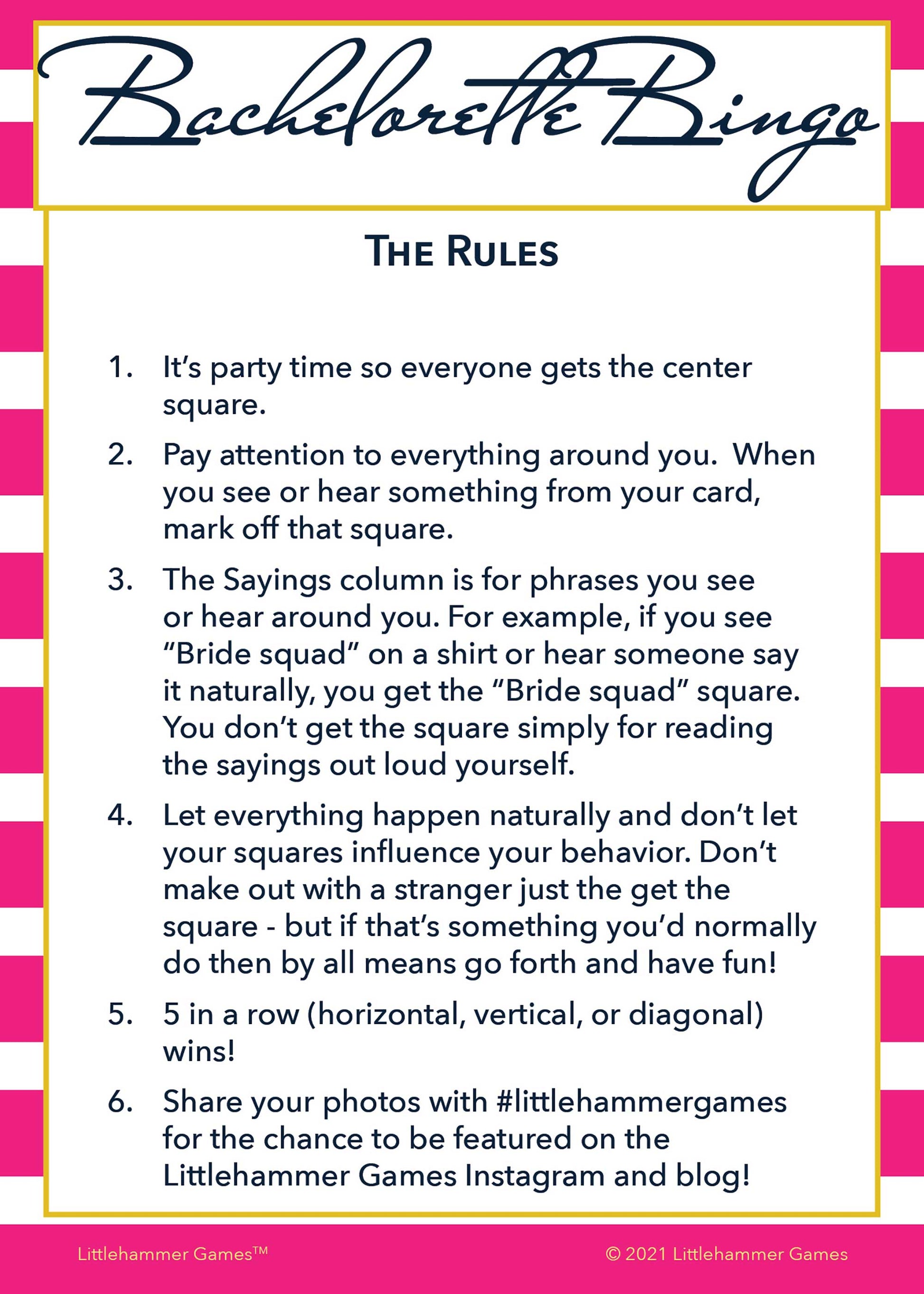 Bachelorette Bingo rules card with a hot pink-striped background