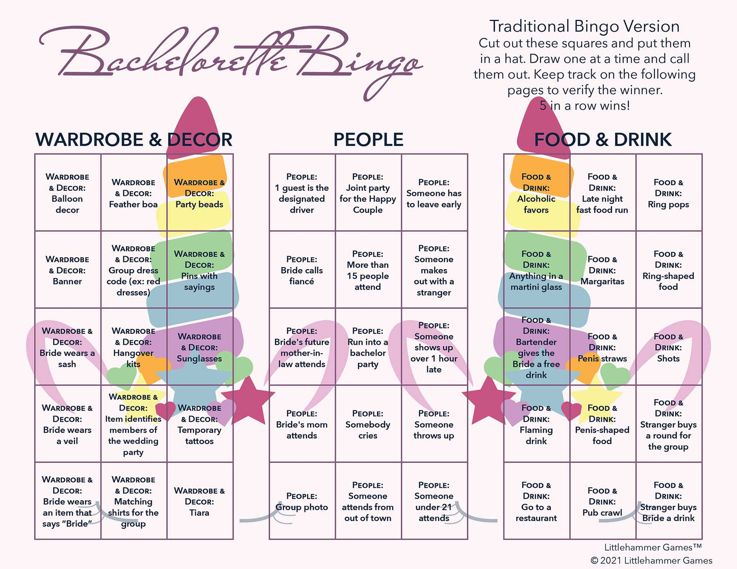 Bachelorette Bingo calling card with a unicorn-themed background