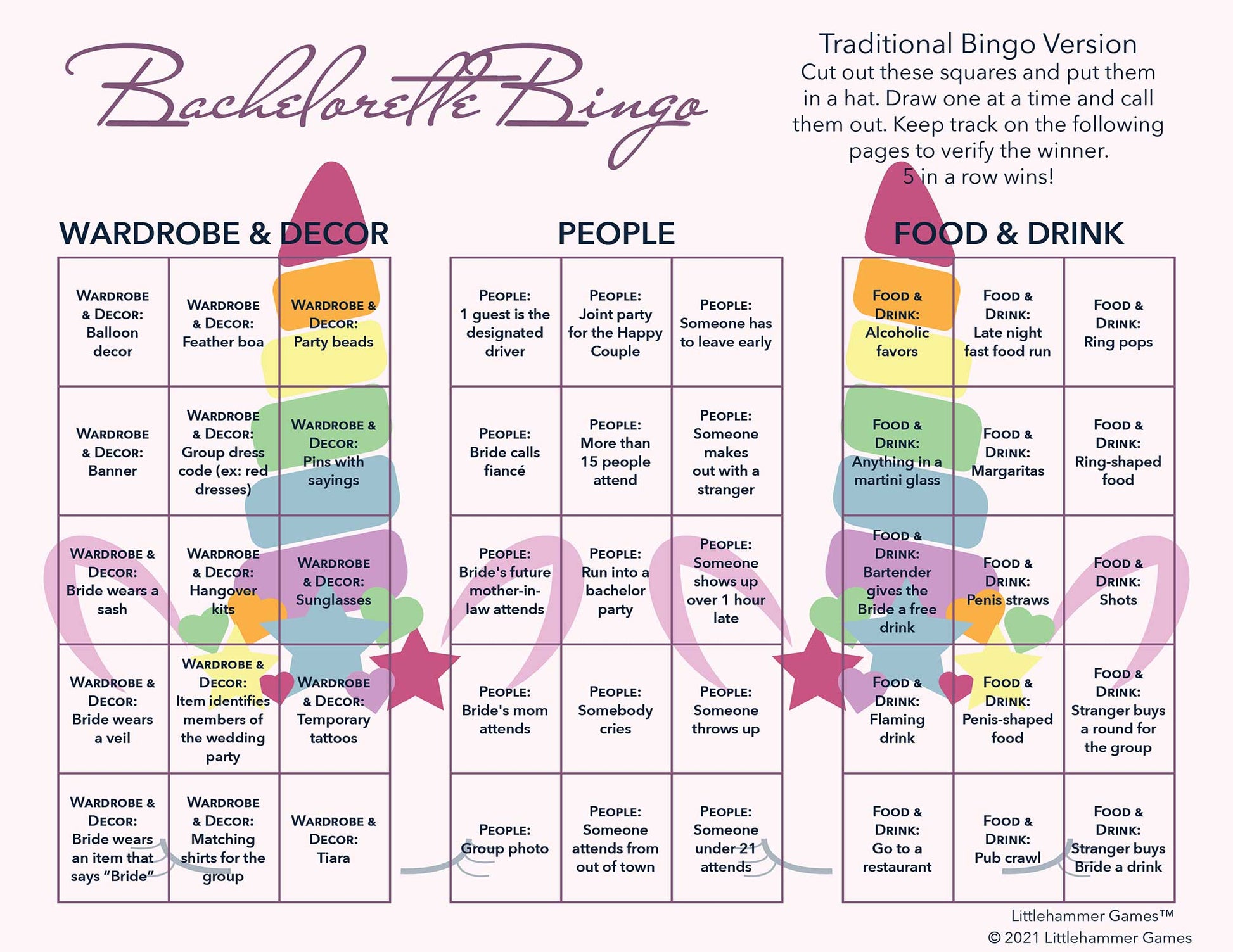 Bachelorette Bingo calling card with a unicorn-themed background