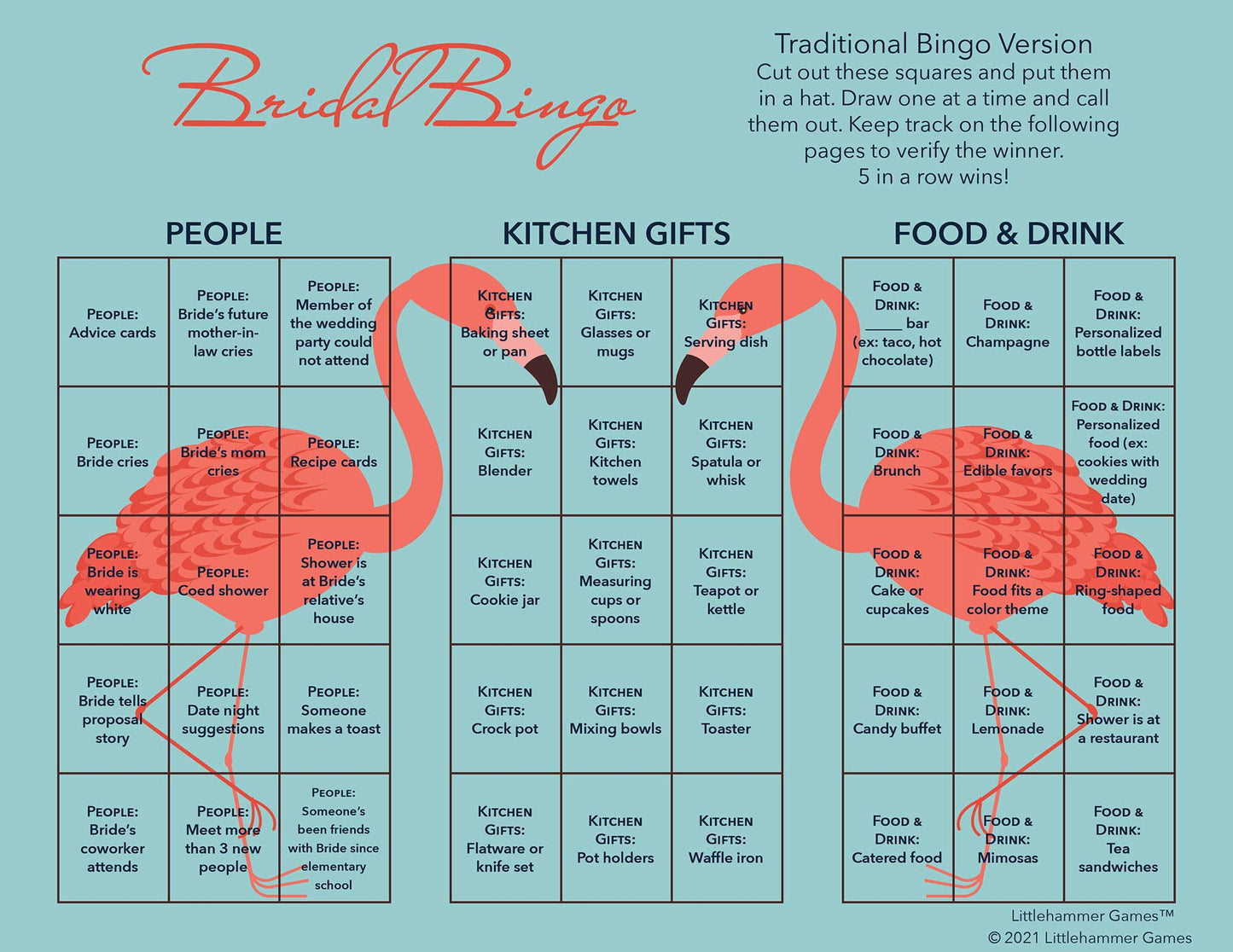 Bridal Bingo calling card on a flamingo background