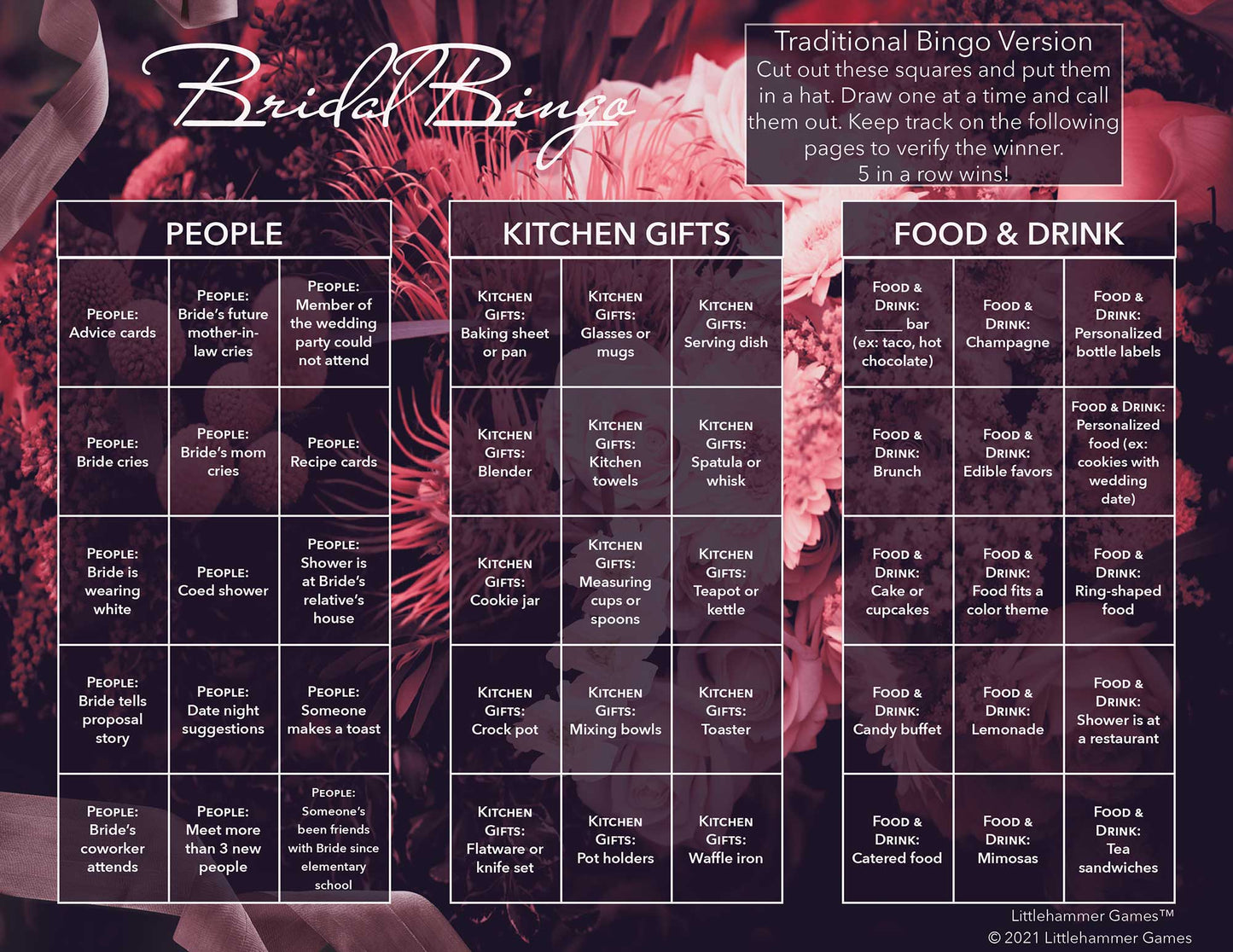 Bridal Bingo calling card on a dark floral background