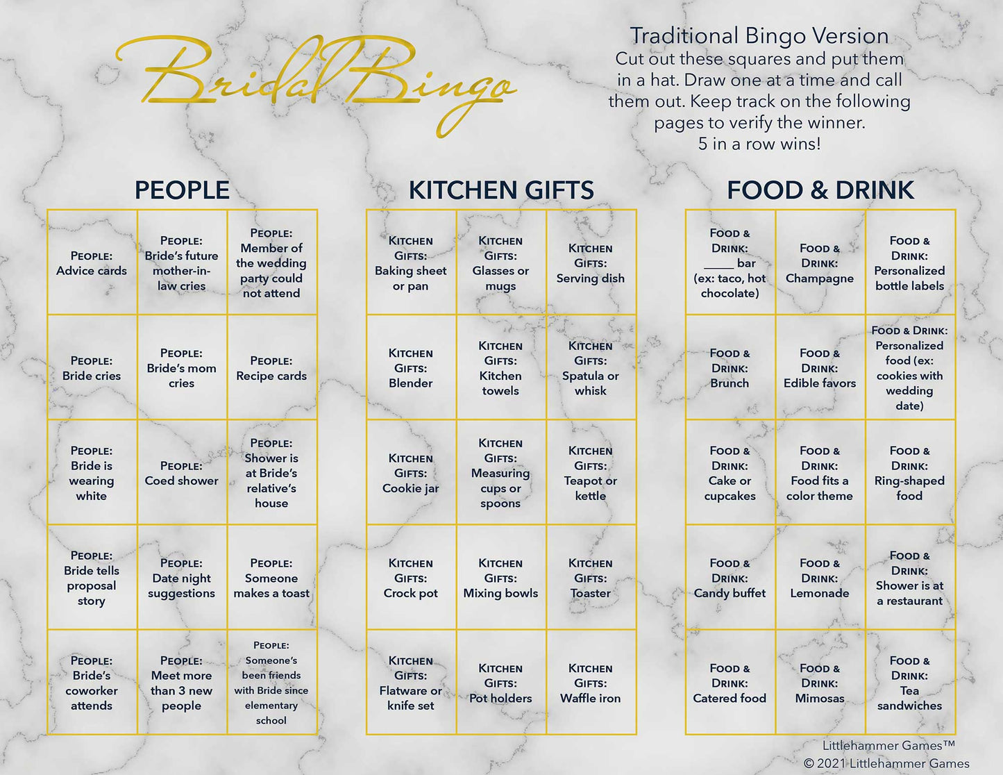 Bridal Bingo calling card with gold text on a marble background