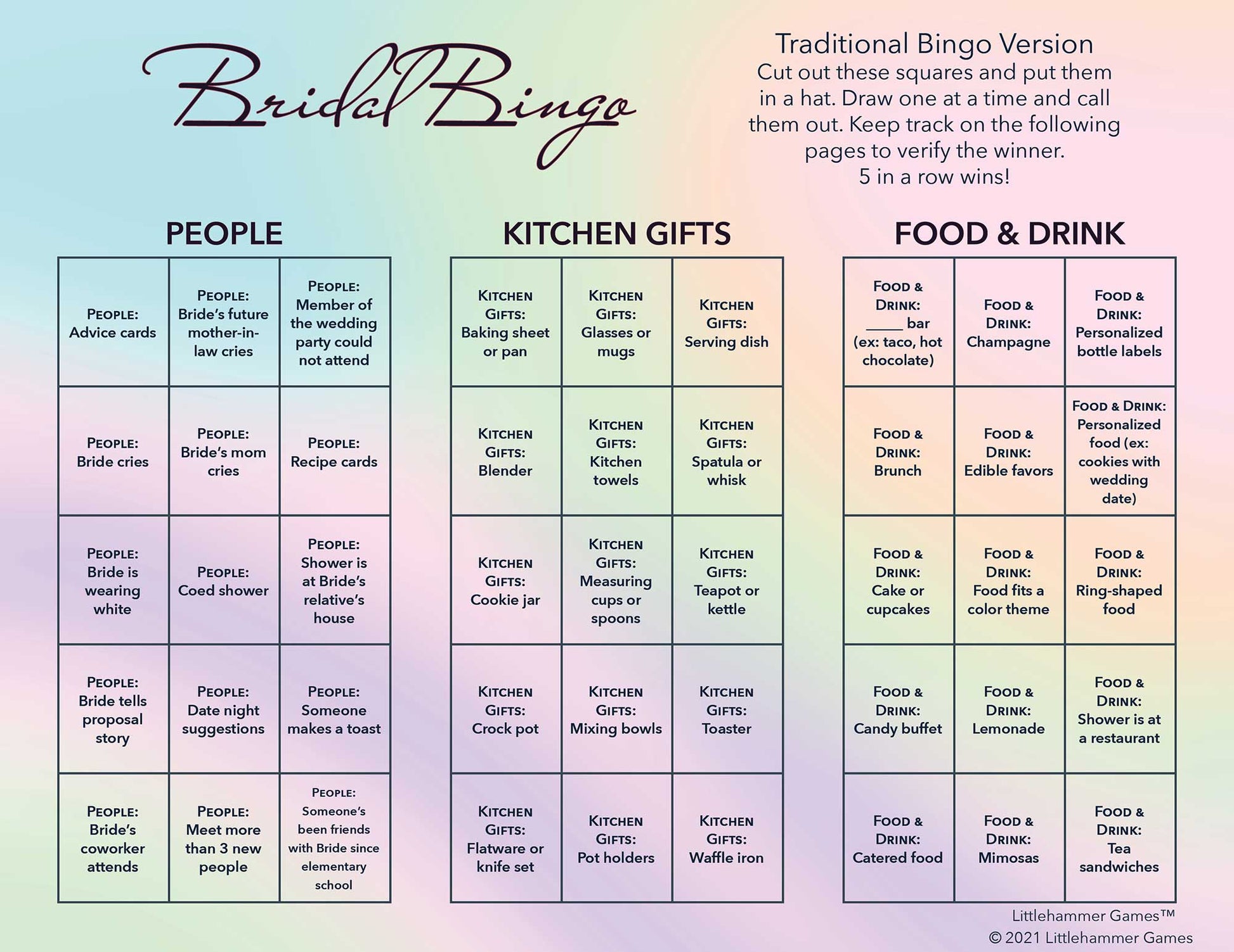 Bridal Bingo calling card on an iridescent background