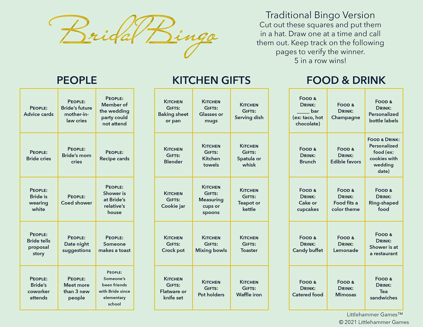 Bridal Bingo calling card on a mint green background
