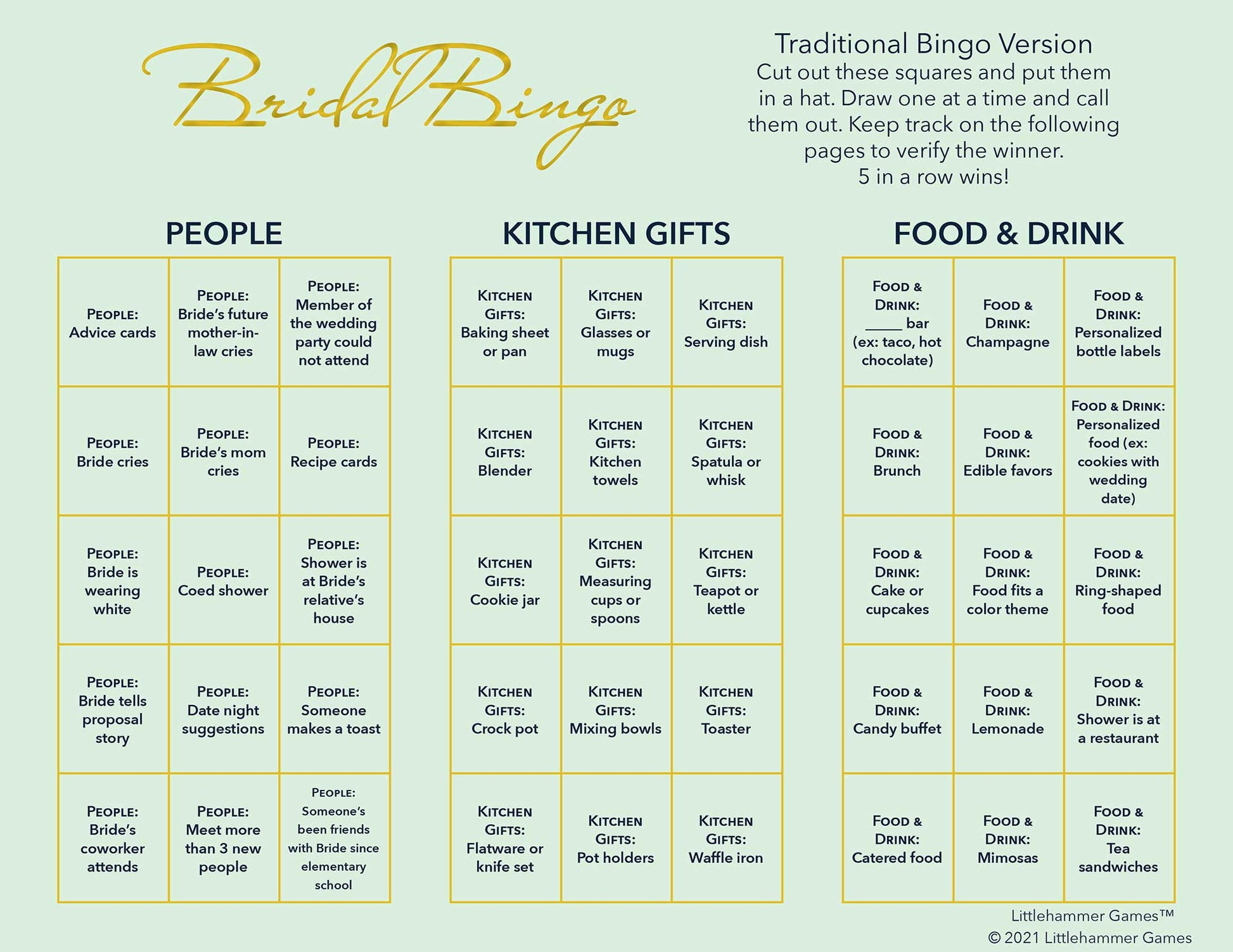 Bridal Bingo calling card on a mint green background