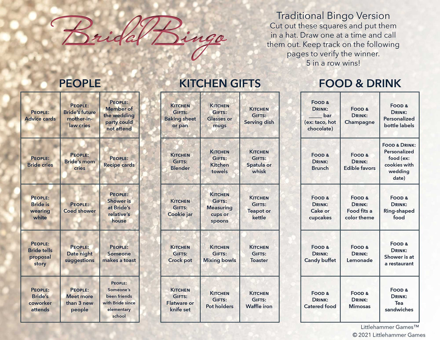 Bridal Bingo calling card on a glittery rose gold background