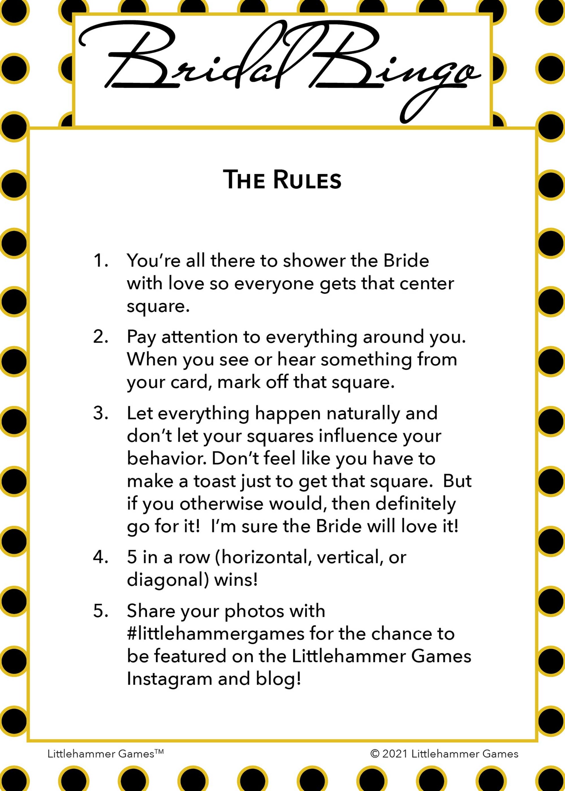 Bridal Bingo rules card on a black and gold polka dot background