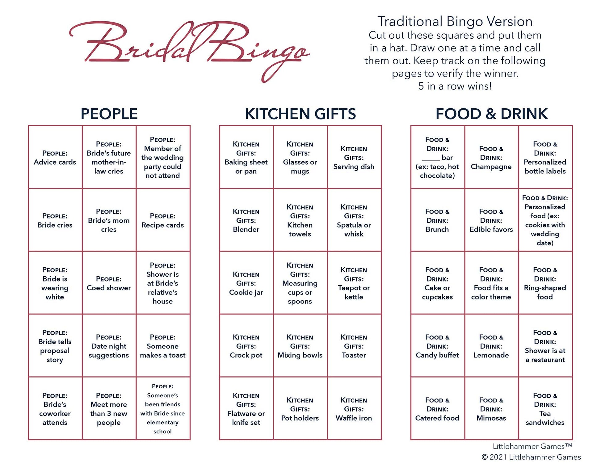 Bridal Bingo calling card with rose gold text on a white background