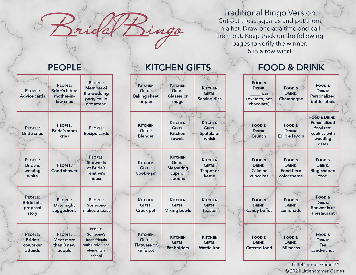 Bridal Bingo calling card with rose gold text on a marble background