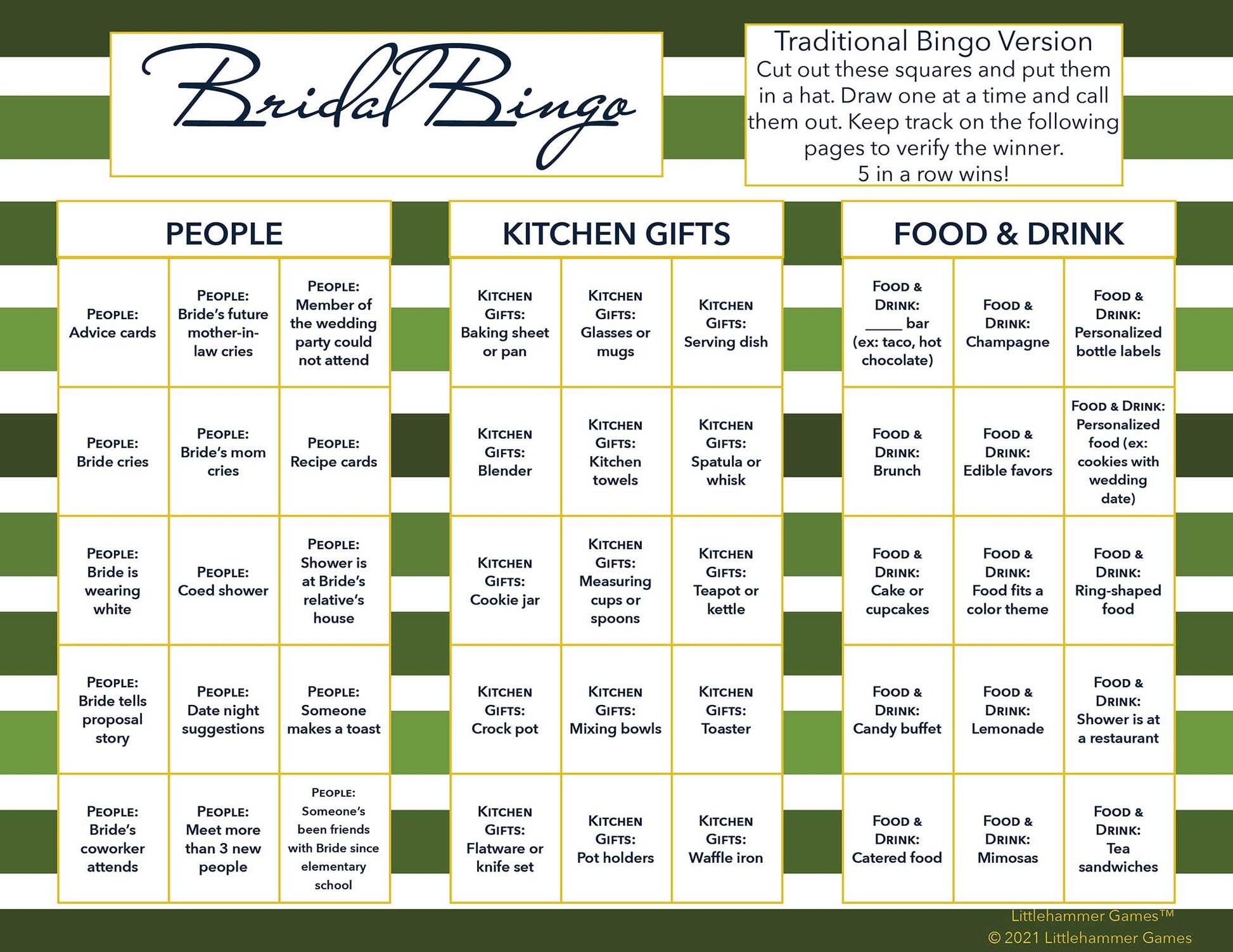 Bridal Bingo calling card on a green-striped background