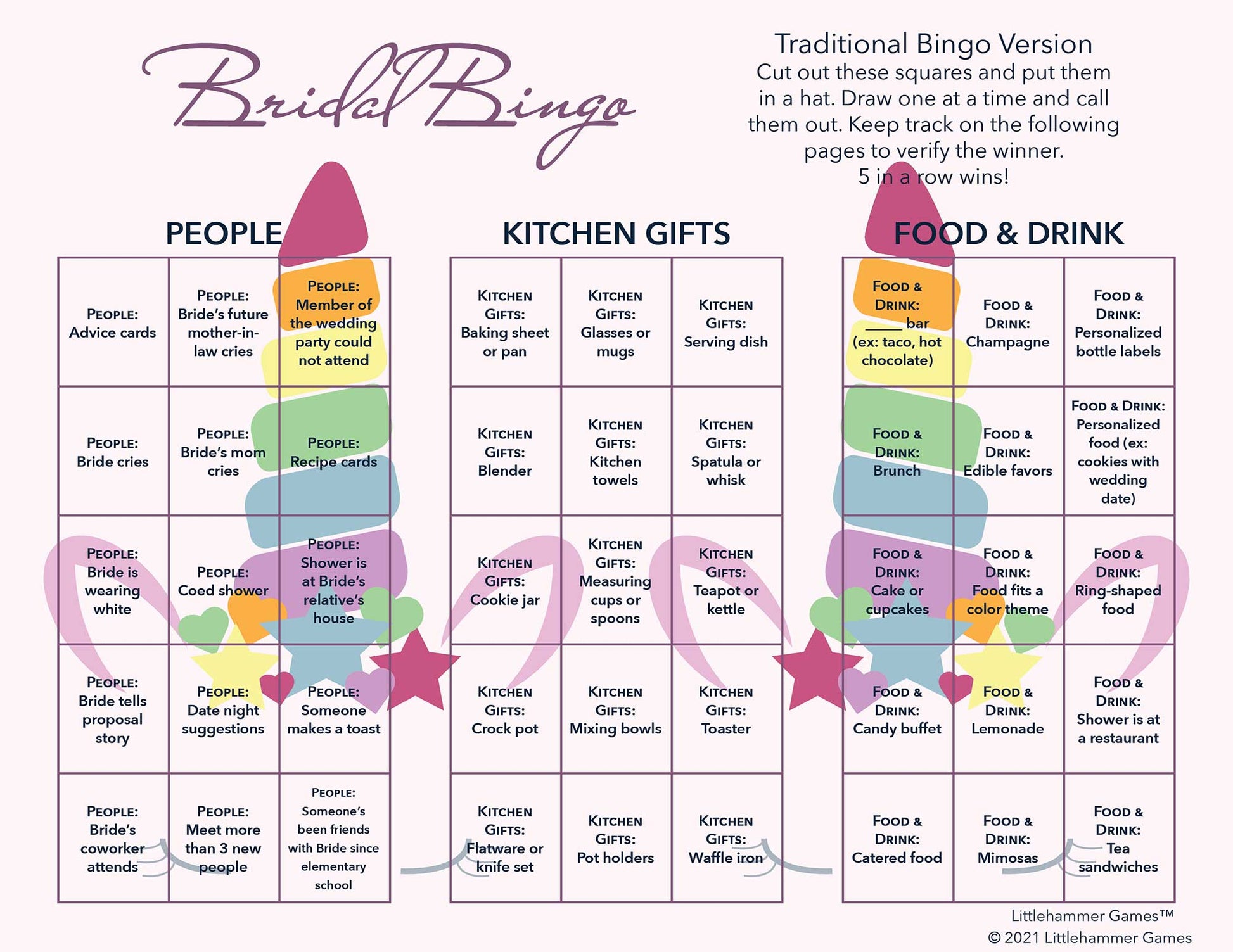 Bridal Bingo calling card on a unicorn background