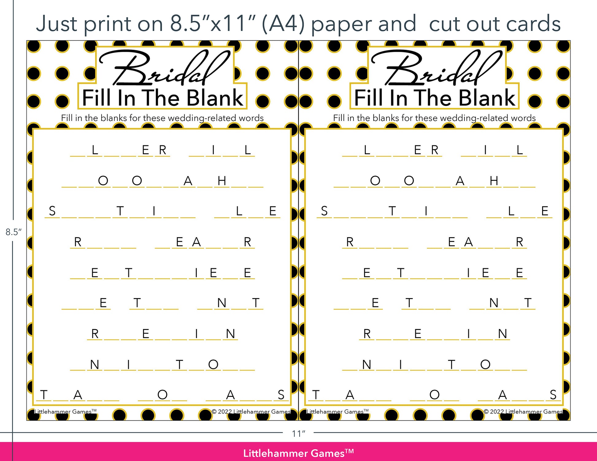 Bridal Fill in the Blank black and gold polka dot game cards with printing instructions