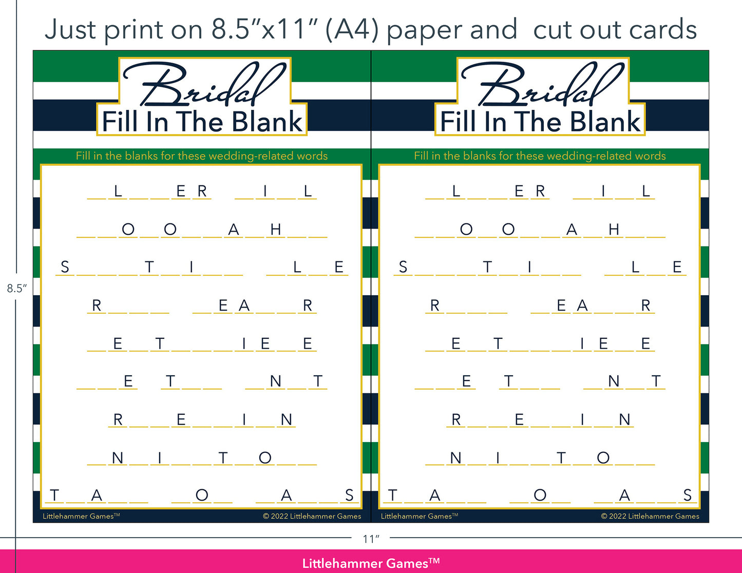 Bridal Fill in the Blank green and navy-striped game cards with printing instructions