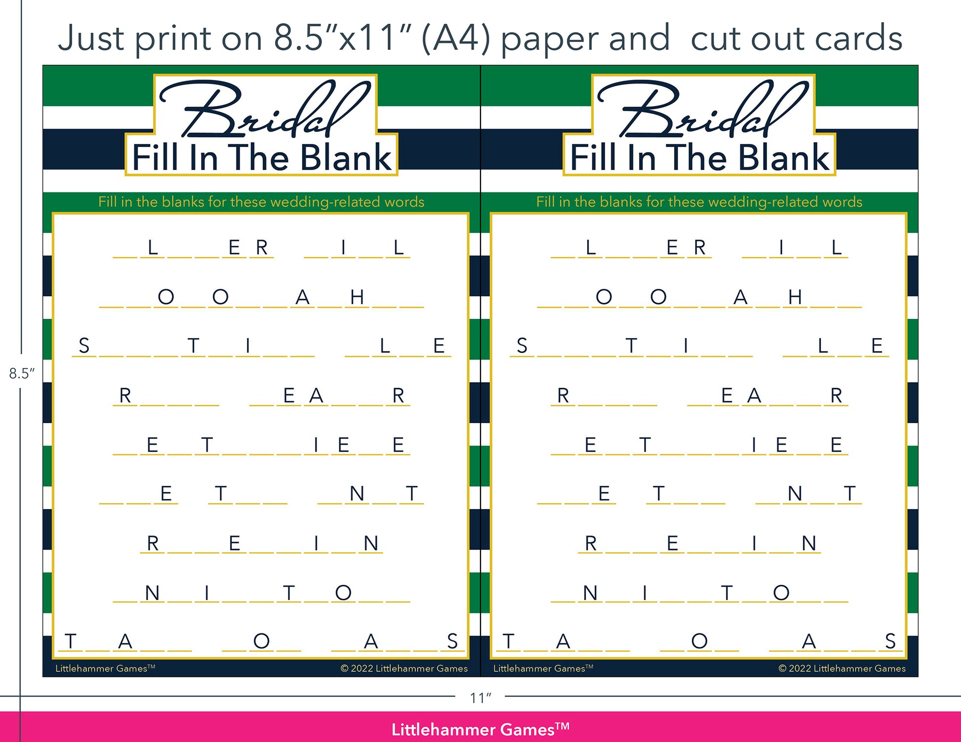 Bridal Fill in the Blank green and navy-striped game cards with printing instructions