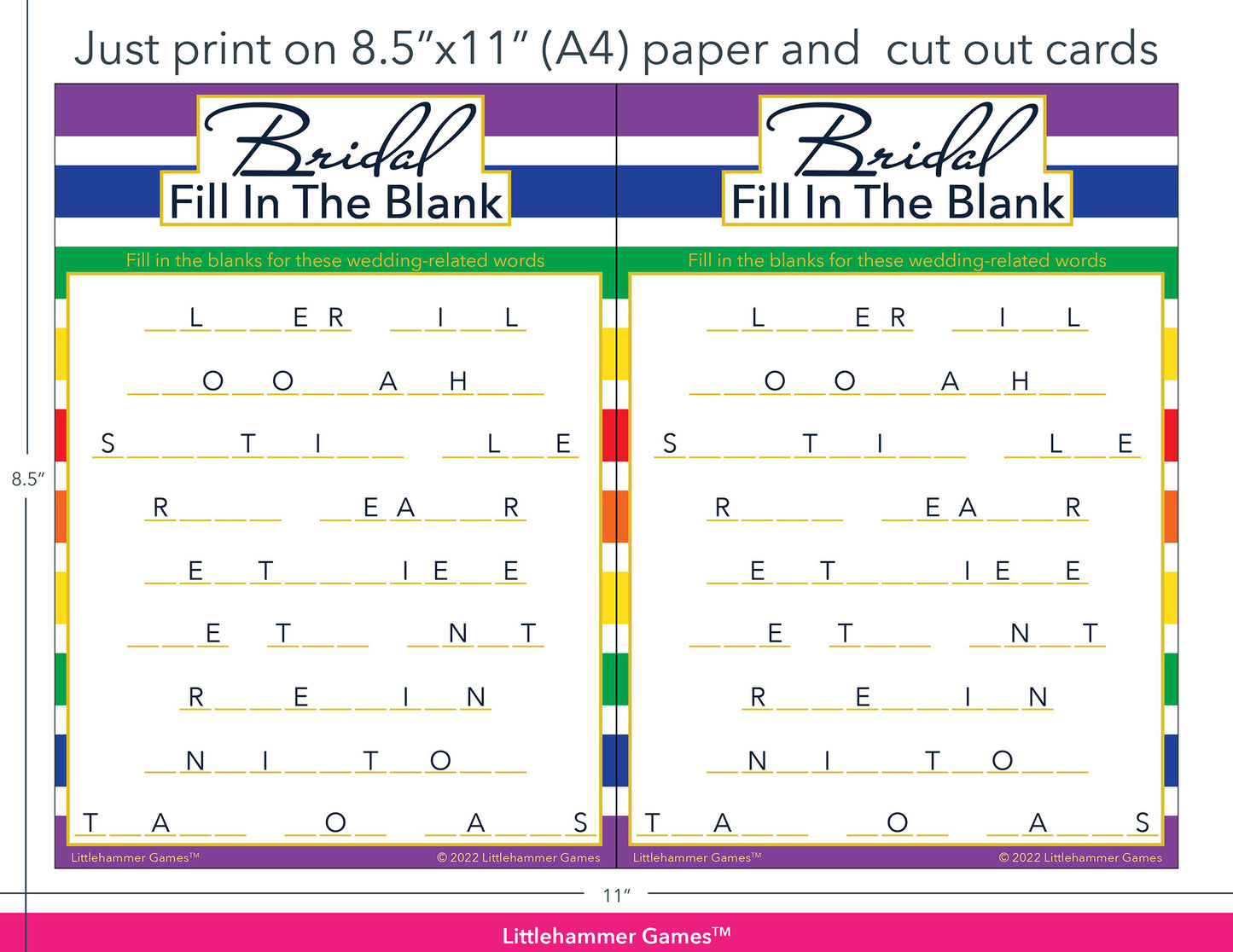 Bridal Fill in the Blank rainbow-striped game cards with printing instructions