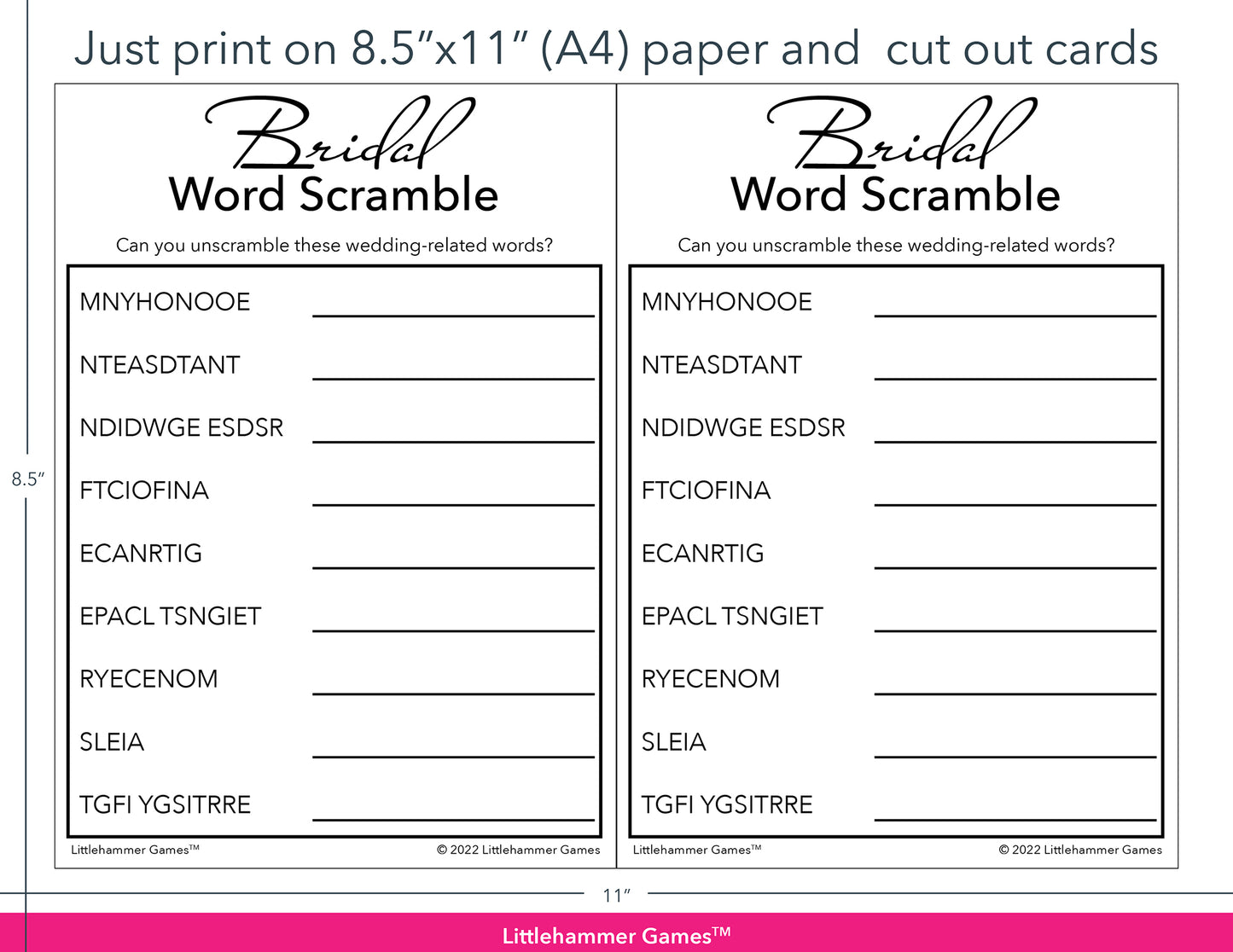 Bridal Word Scramble black and white game cards with printing instructions