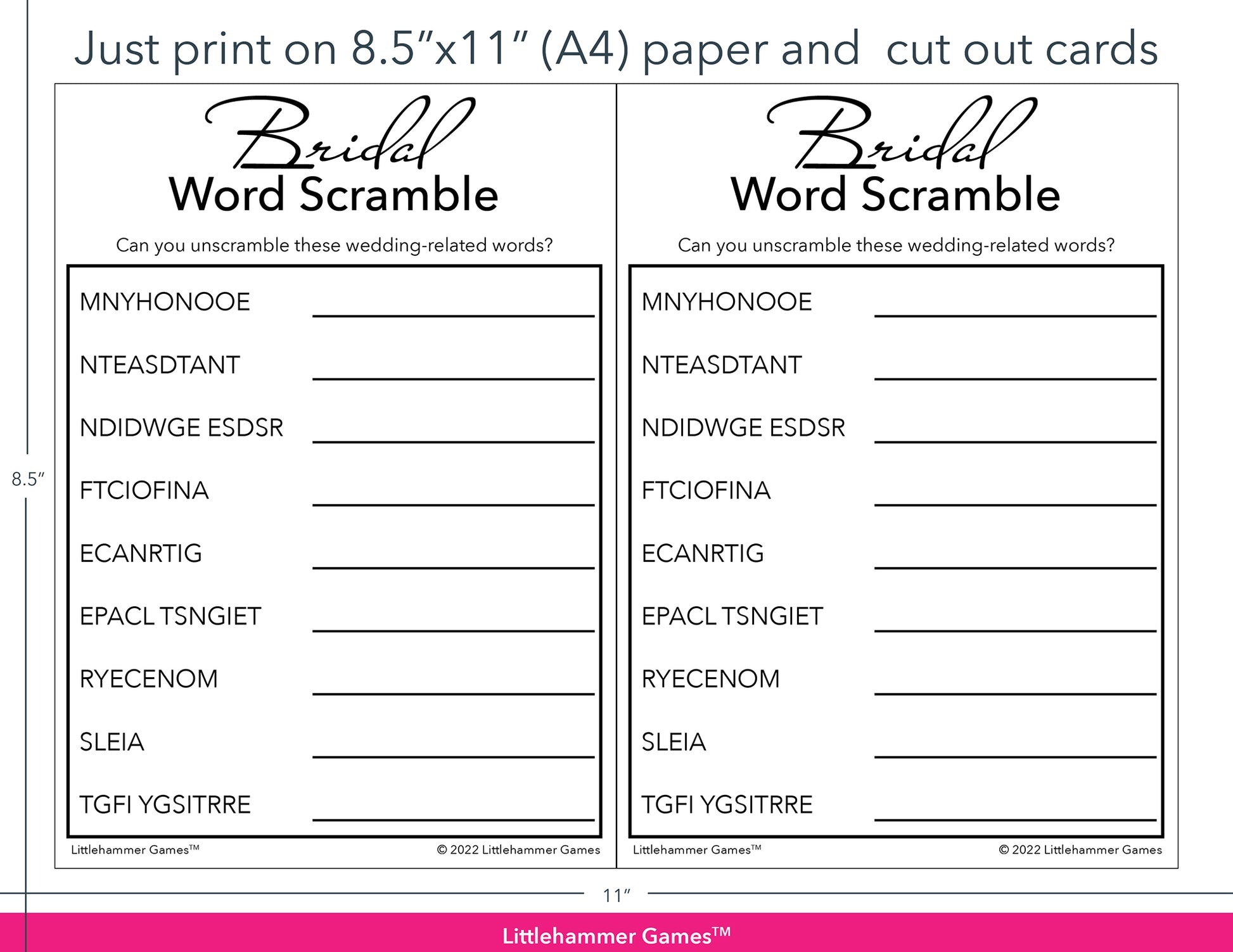 Bridal Word Scramble black and white game cards with printing instructions