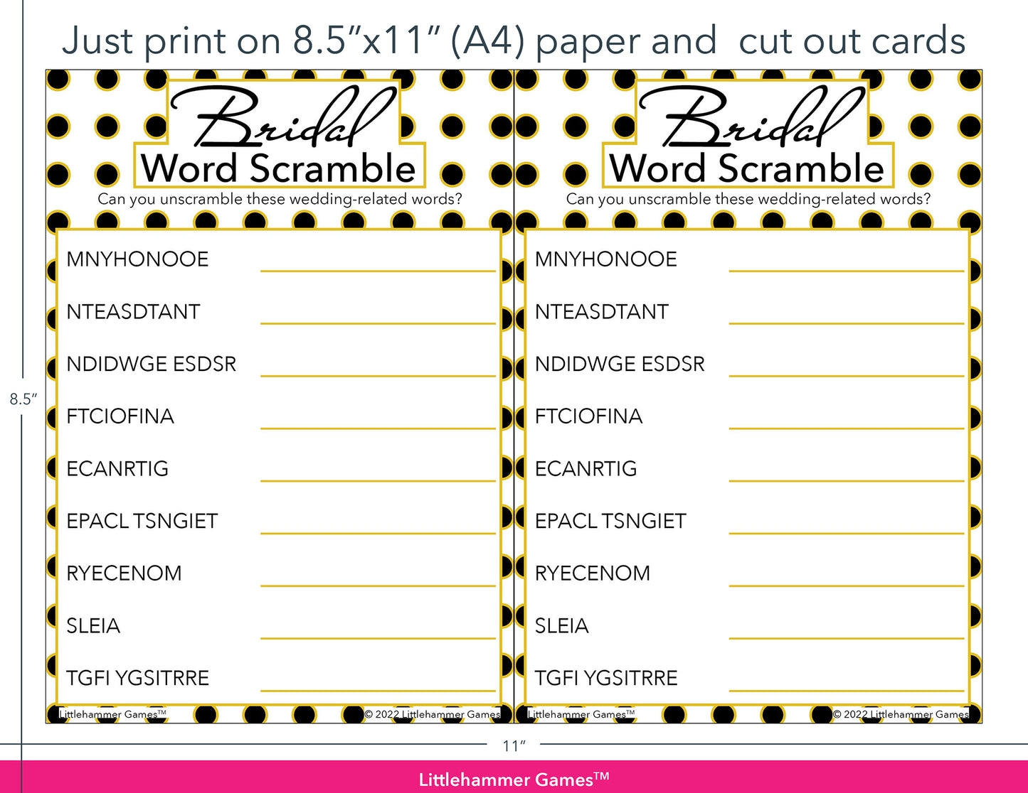 Bridal Word Scramble black and gold polka dot game cards with printing instructions
