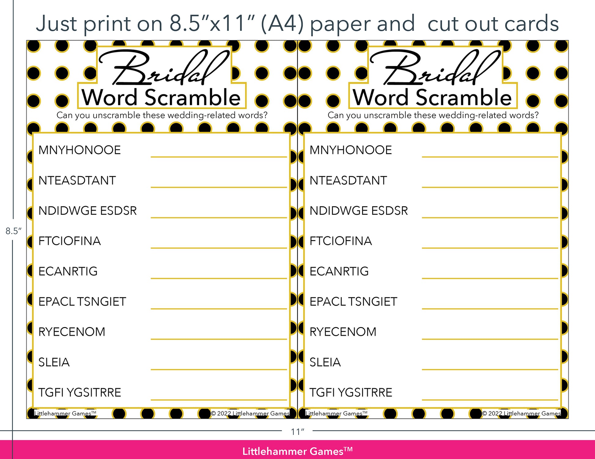 Bridal Word Scramble black and gold polka dot game cards with printing instructions