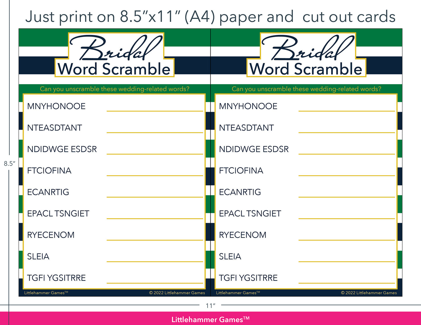 Bridal Word Scramble green and navy-striped game cards with printing instructions