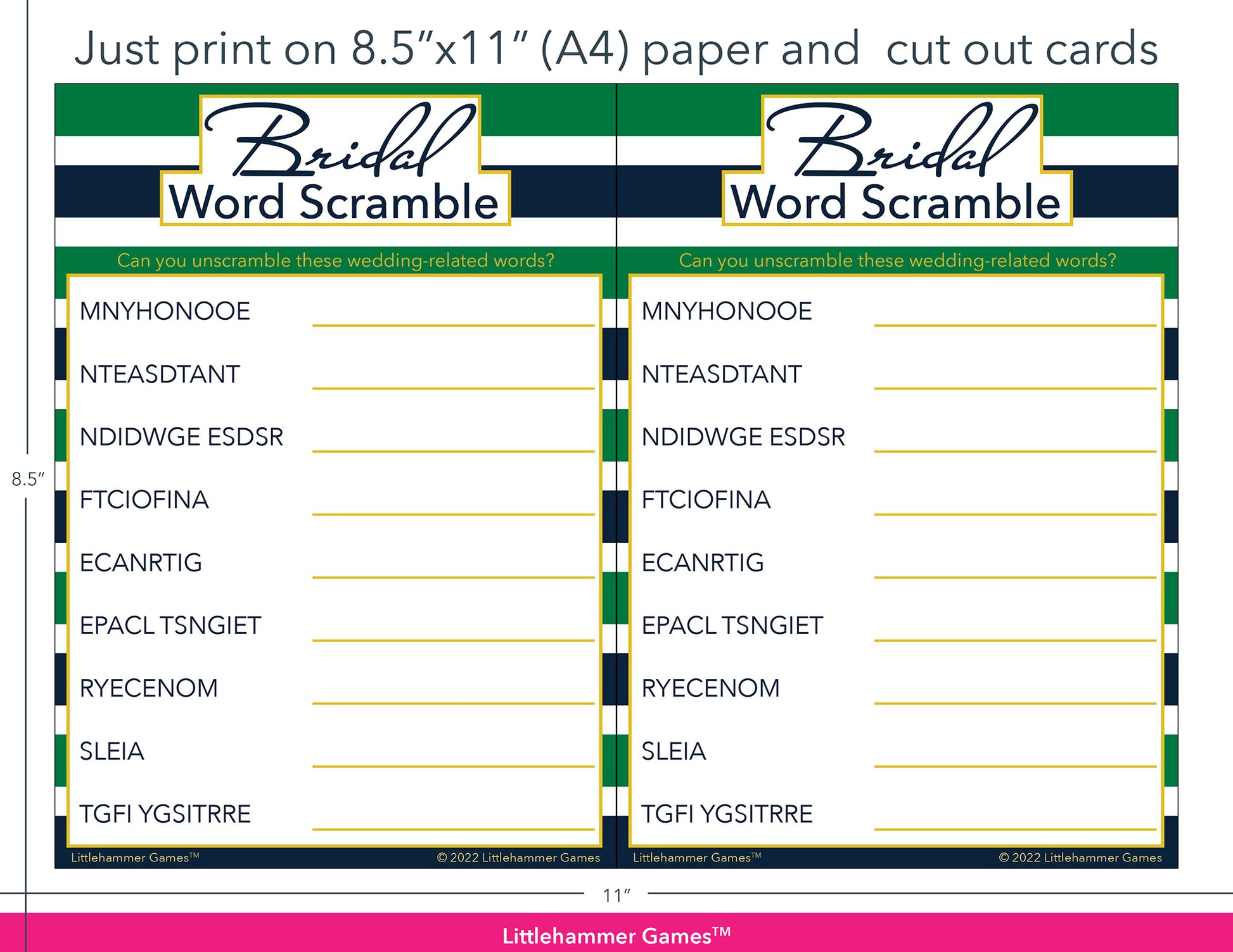 Bridal Word Scramble green and navy-striped game cards with printing instructions