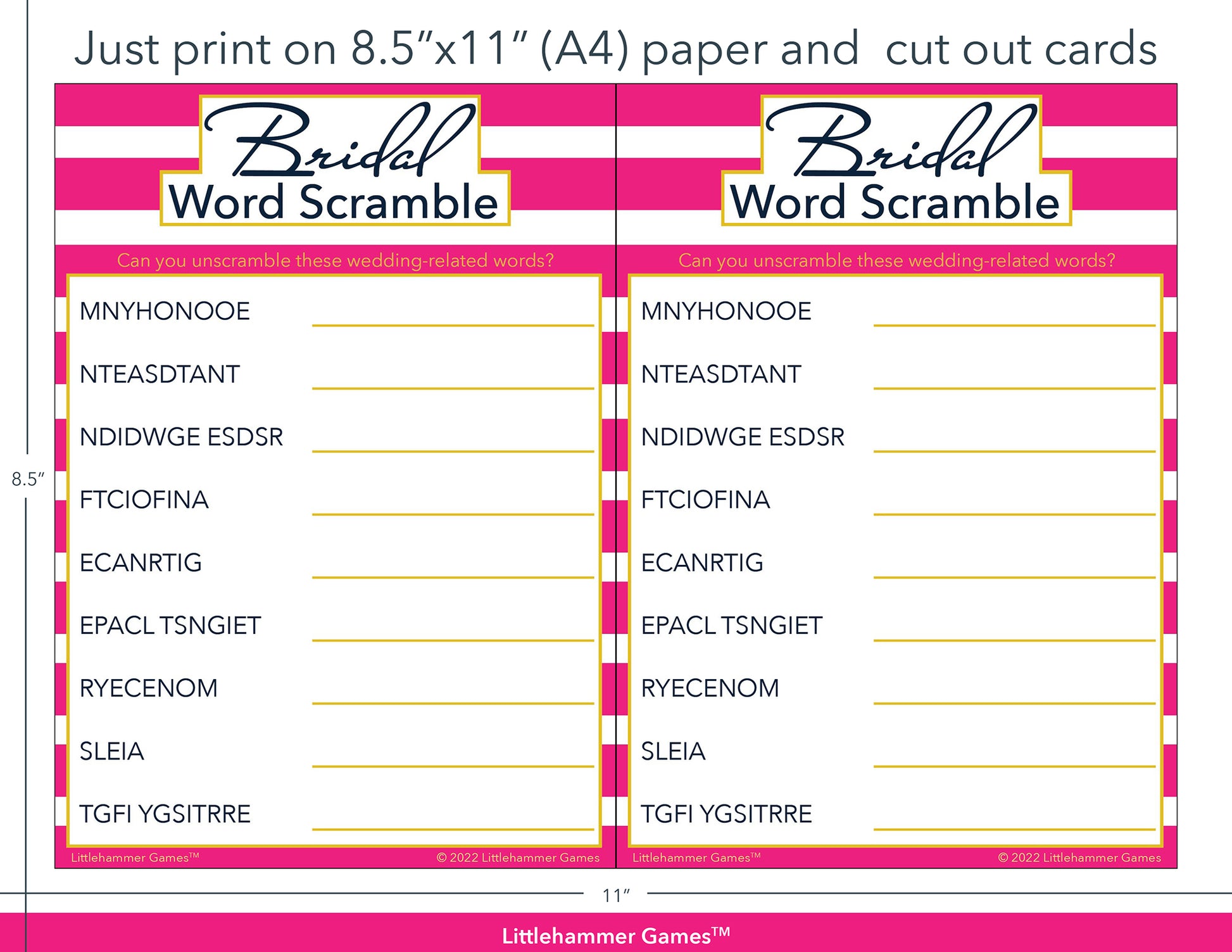 Bridal Word Scramble pink-striped game cards with printing instructions