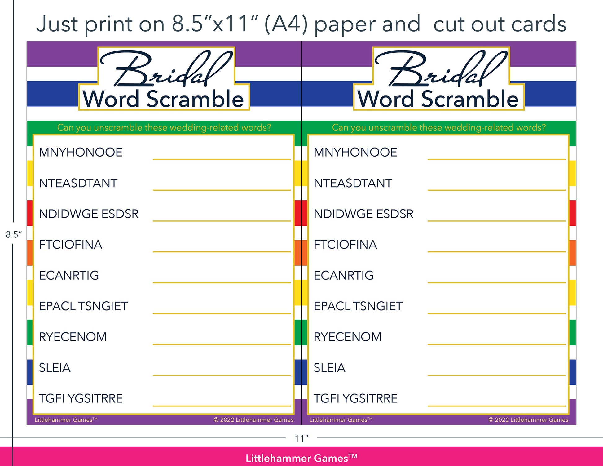 Bridal Word Scramble rainbow-striped game cards with printing instructions
